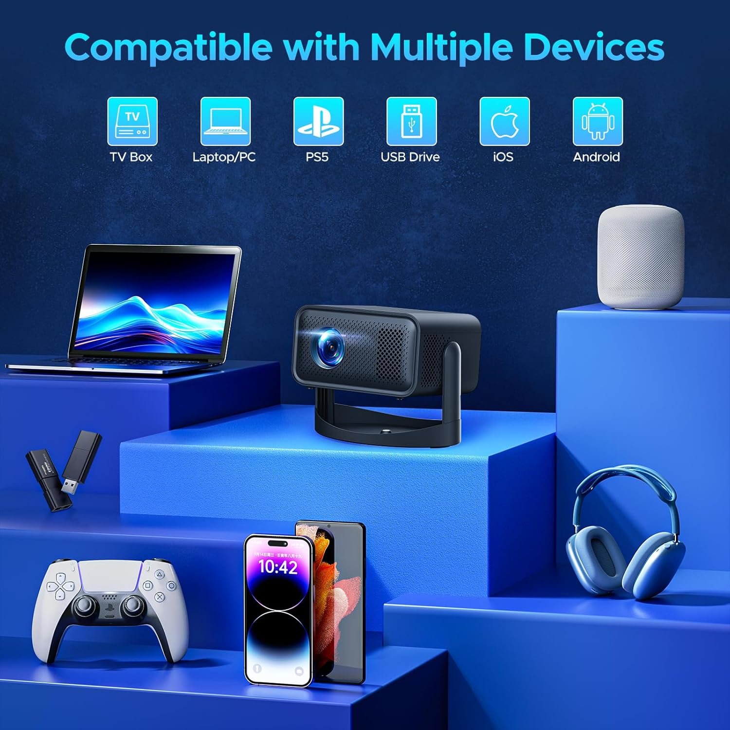 Portable WiFi Bluetooth 4K Movie Projector 1080P HD Electric Focus Auto Keystone Adjustable Stand - Image 8