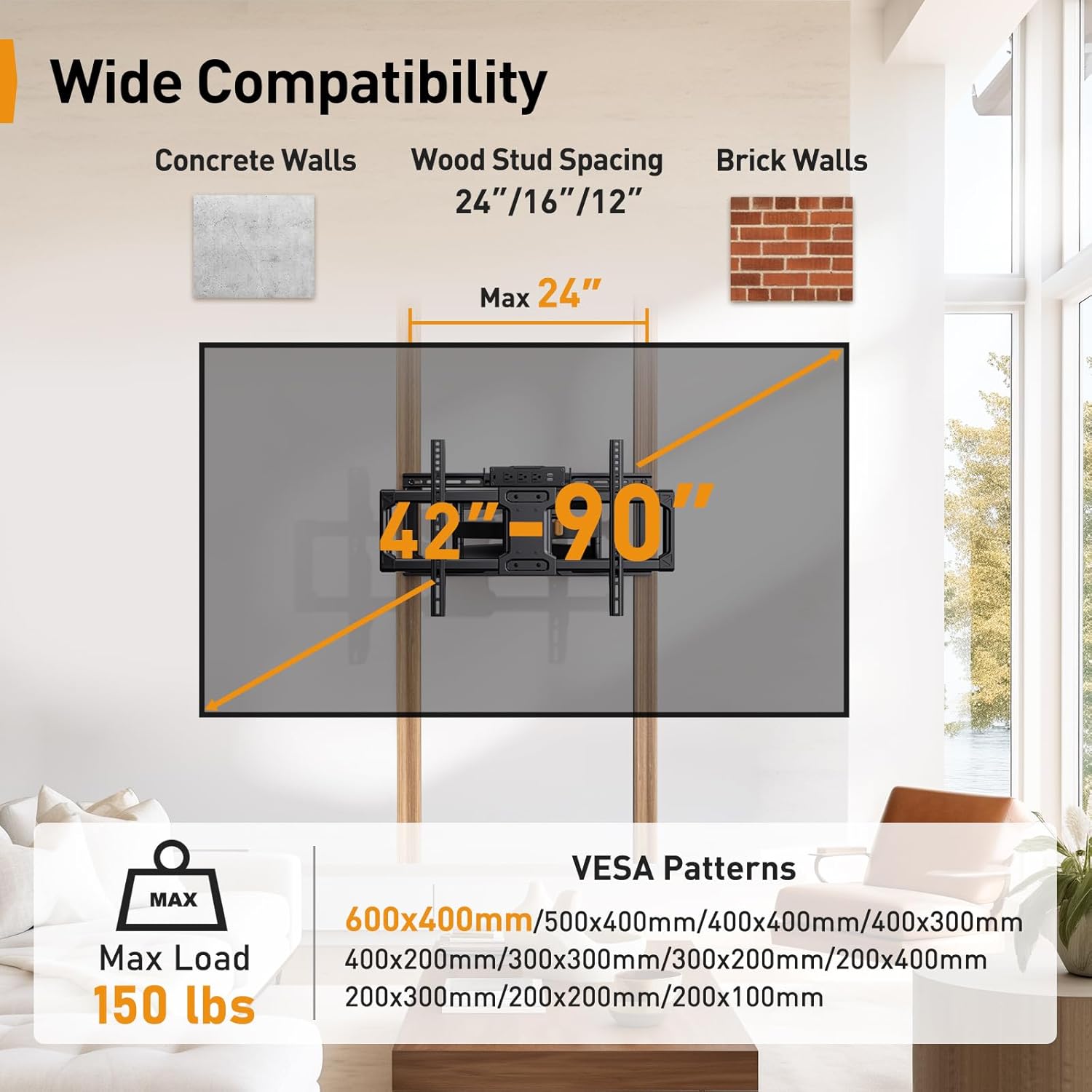 Perlegear Full Motion TV Wall Mount for 42-90 Inch TVs, 150 lbs Capacity, Swivel Tilt Extension, Max VESA 600x400mm, Wood Stud Mount - Image 2