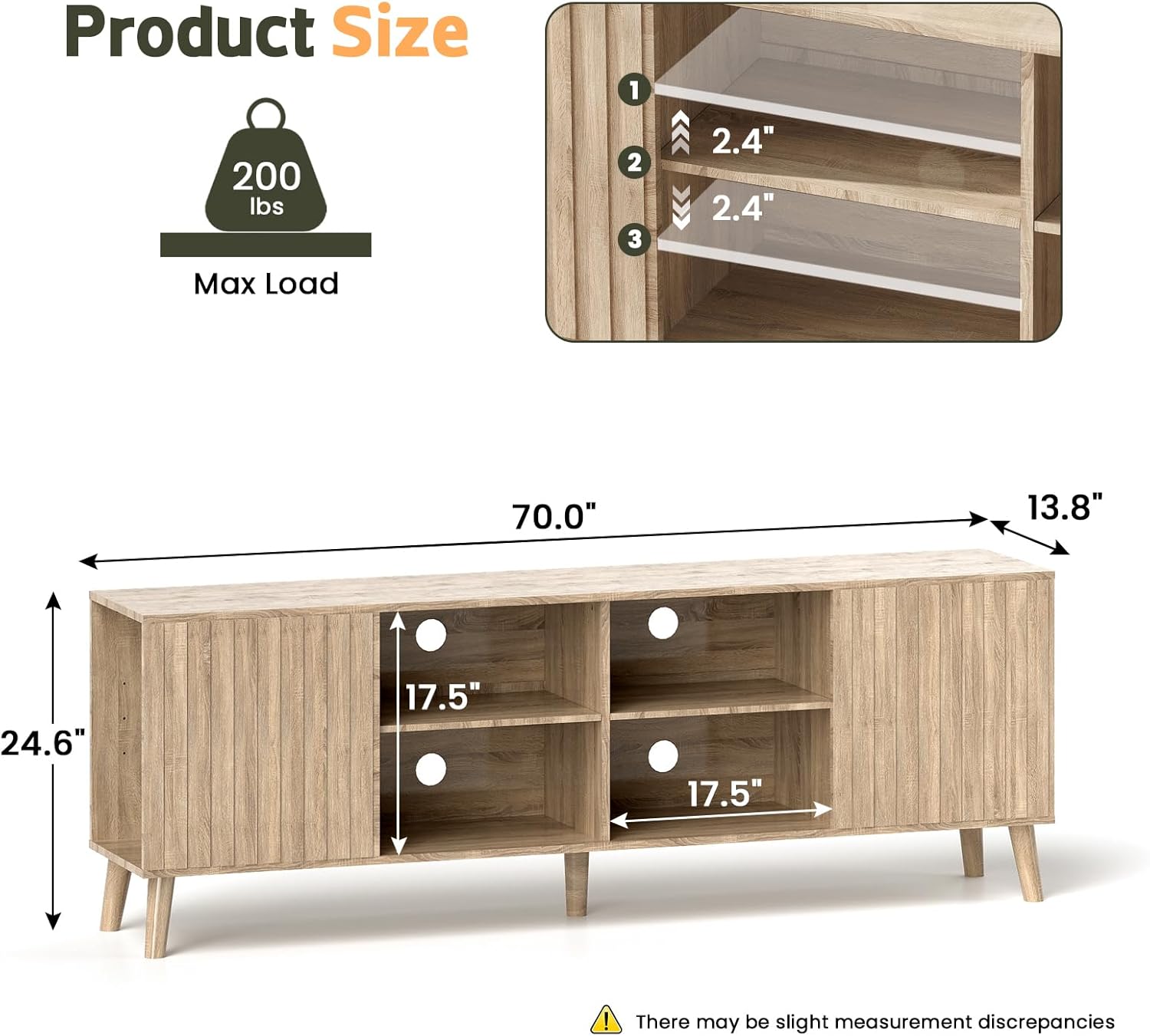 Mid-Century Modern Fluted Oak TV Stand Entertainment Center for 80-inch TVs with Adjustable Storage Shelves - Image 4