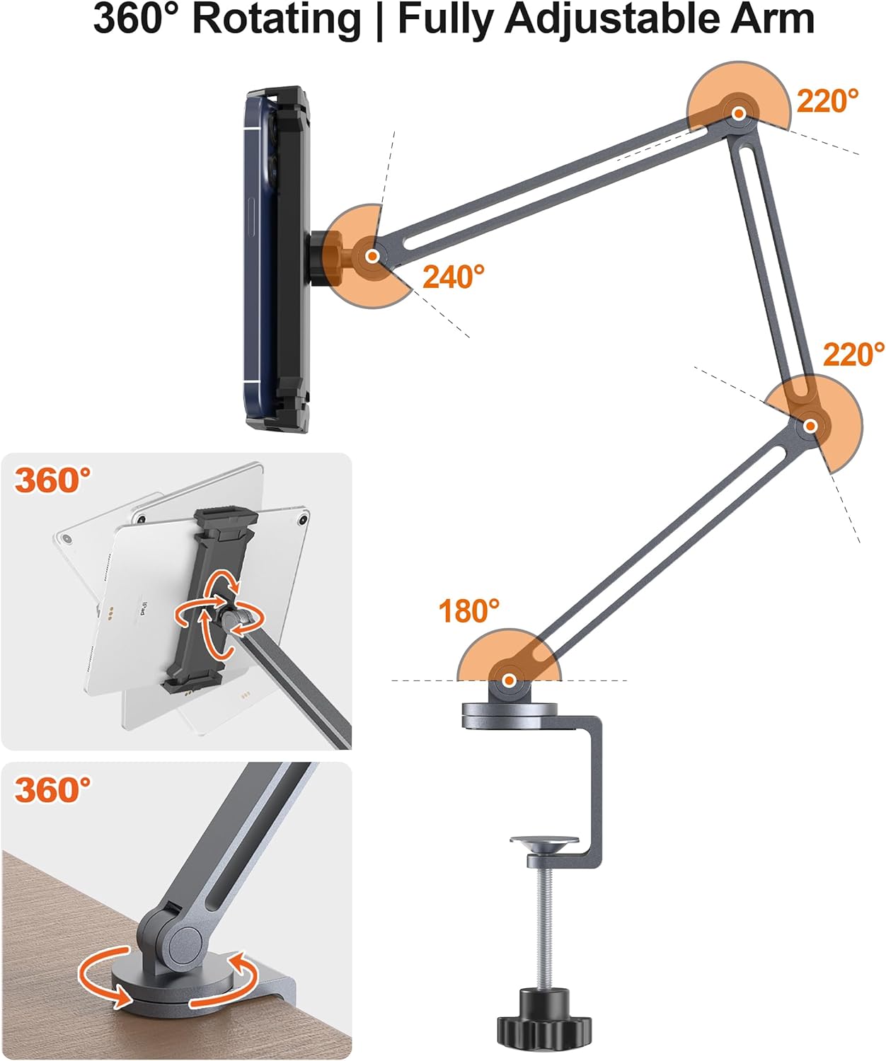 Heavy Duty Aluminum 360° Rotating Tablet Arm Mount Holder with Super Grip - Gray, Foldable Clamp for iPad, Phone, Monitor, Kindle - Image 2