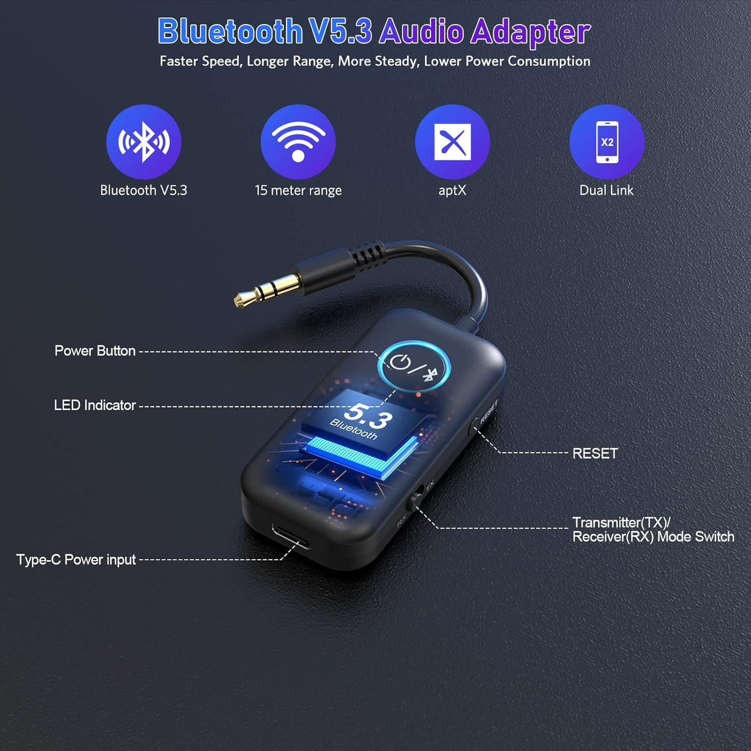YMOO Bluetooth 5.3 Transmitter Receiver for TV Airplane to 2 Headphones Wireless Audio Adapter Aptx HD - Image 2