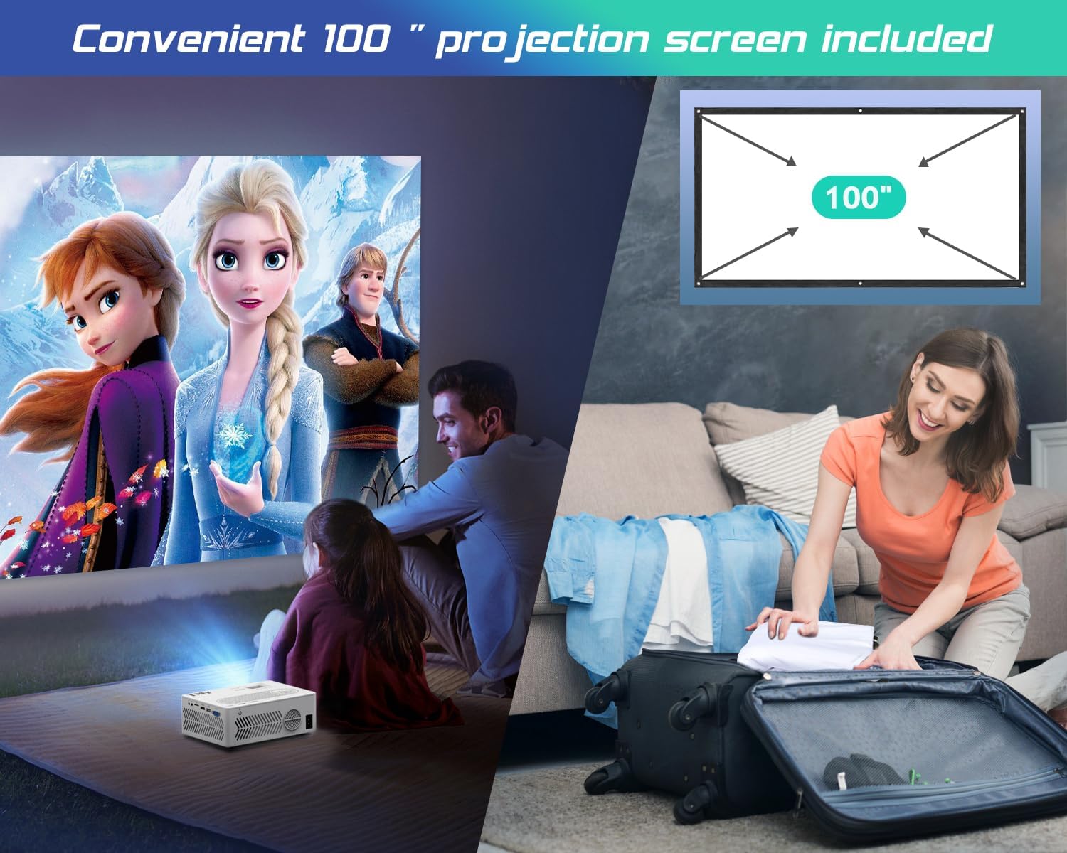TMY WiFi Bluetooth Native 1080P Projector with 100" Screen, 4K Supported, Portable for Indoor/Outdoor - Image 4