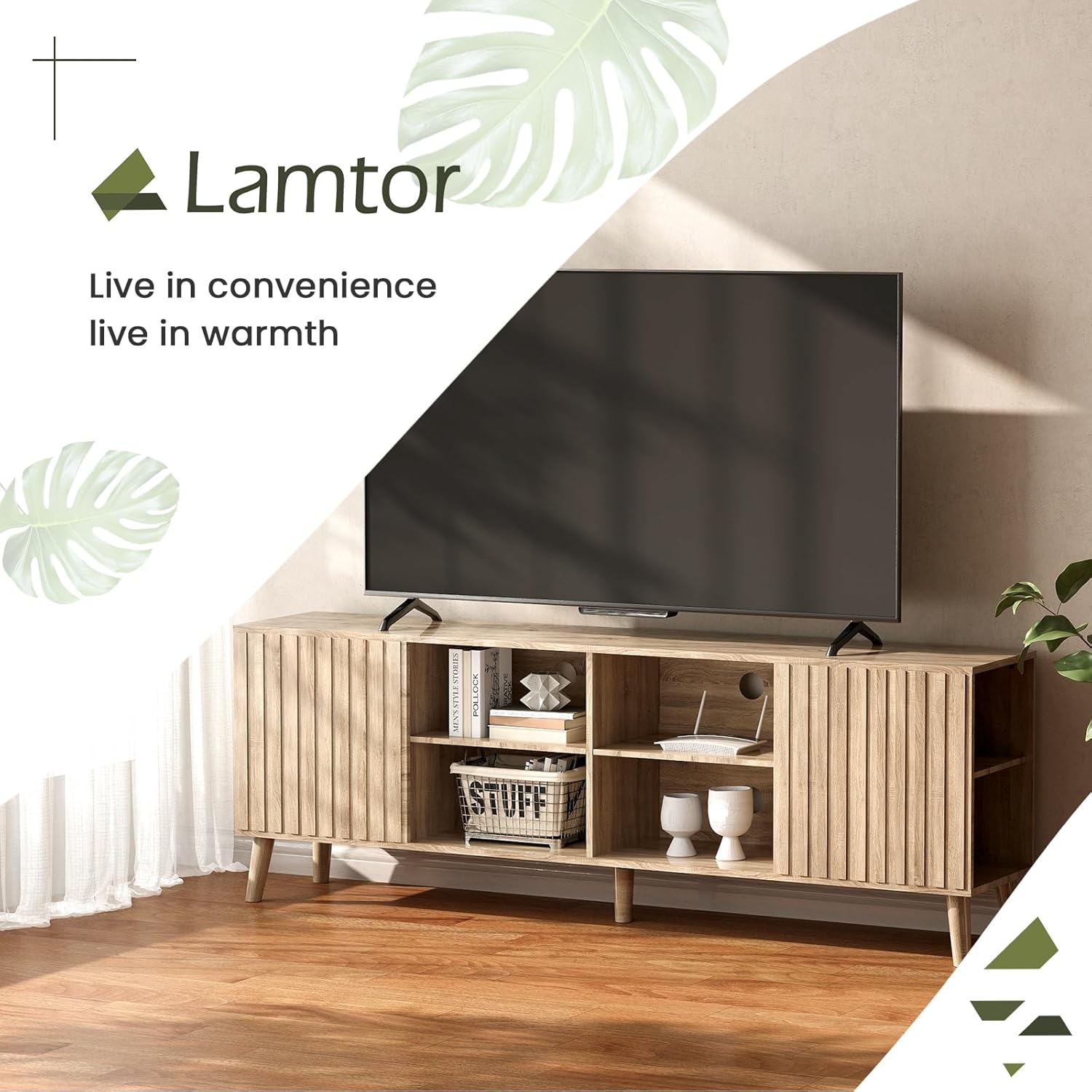 Mid-Century Modern Fluted Oak TV Stand Entertainment Center for 80-inch TVs with Adjustable Storage Shelves - Image 8