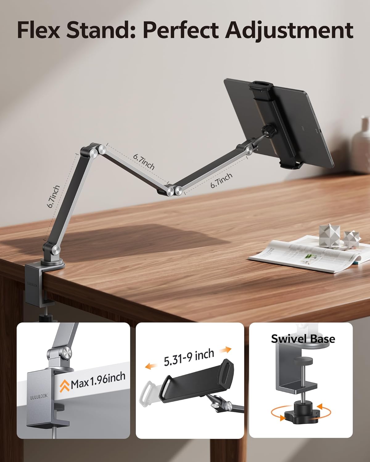 LULULOOK 360° Adjustable Heavy-Duty Aluminum Foldable Mount for 7-15.6 Inch Tablets - Image 2