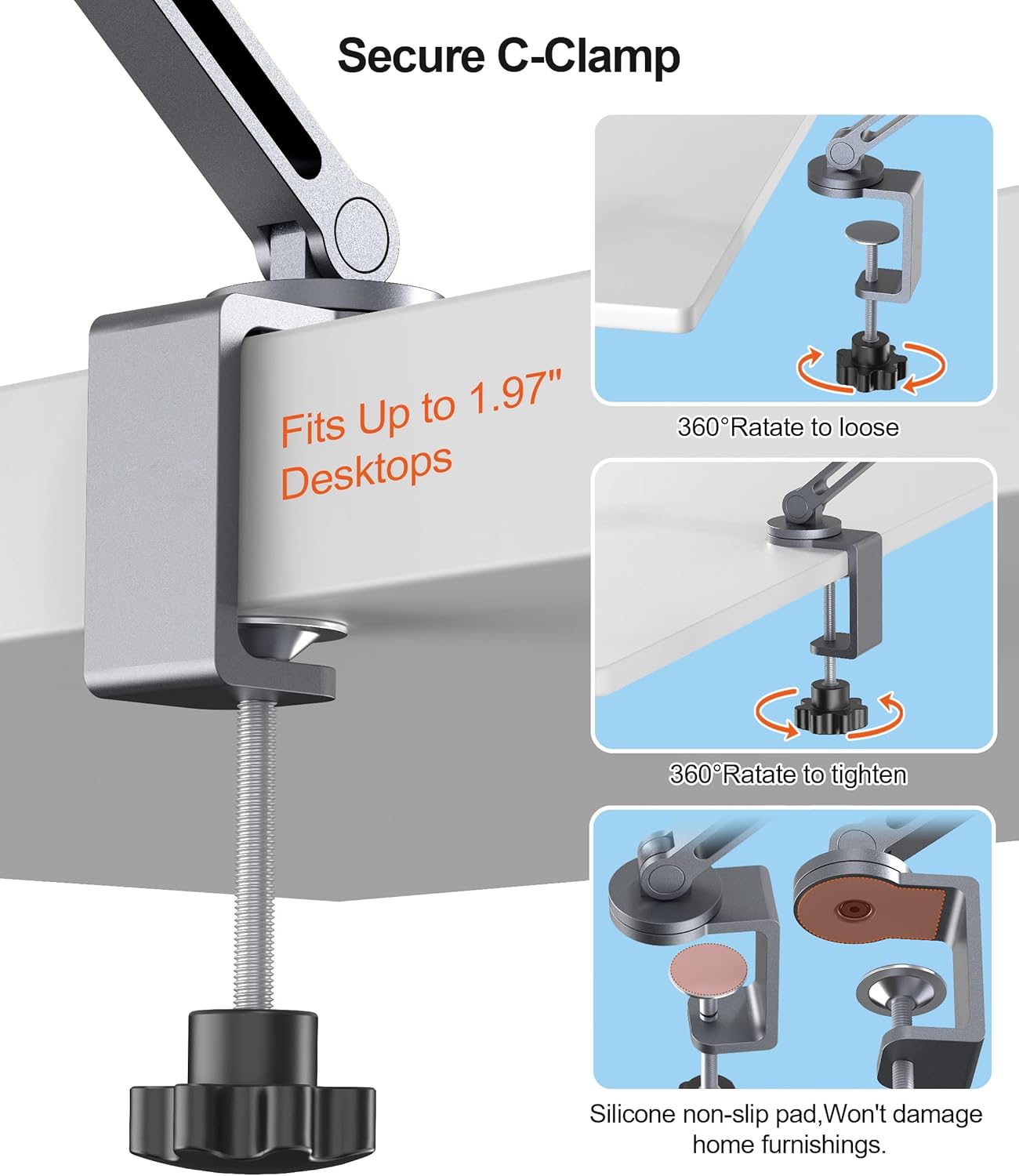 Heavy Duty Aluminum 360° Rotating Tablet Arm Mount Holder with Super Grip - Gray, Foldable Clamp for iPad, Phone, Monitor, Kindle - Image 3