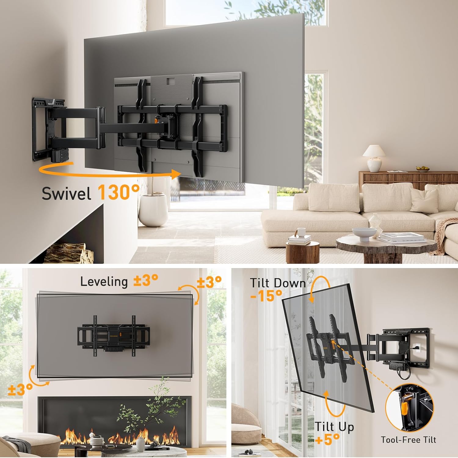 Perlegear Full Motion TV Wall Mount for 42-90 Inch TVs, 150 lbs Capacity, Swivel Tilt Extension, Max VESA 600x400mm, Wood Stud Mount - Image 5