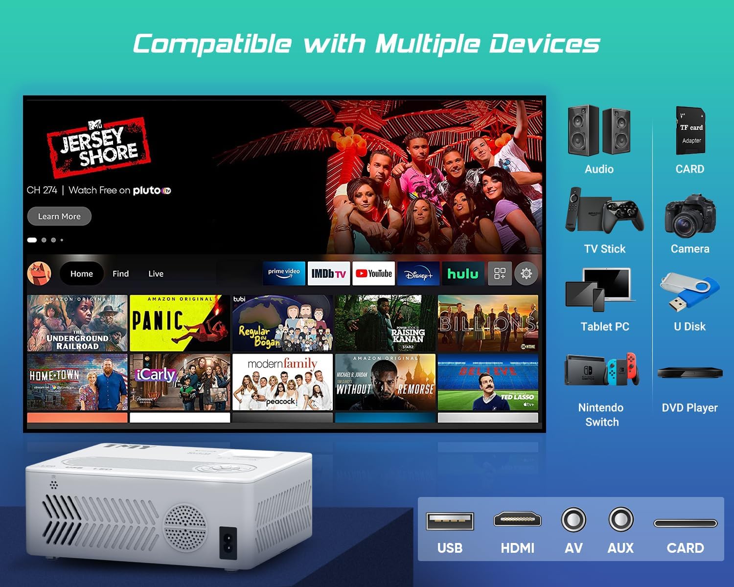 TMY WiFi Bluetooth Native 1080P Projector with 100" Screen, 4K Supported, Portable for Indoor/Outdoor - Image 7