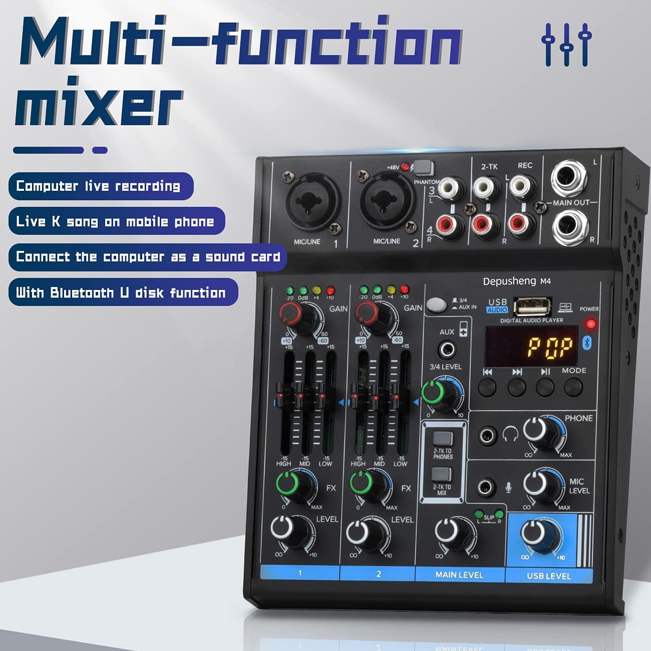 Depusheng M4 Black 4-Channel USB DJ Mixer with Bluetooth and Sound Card for PC Recording - Image 2