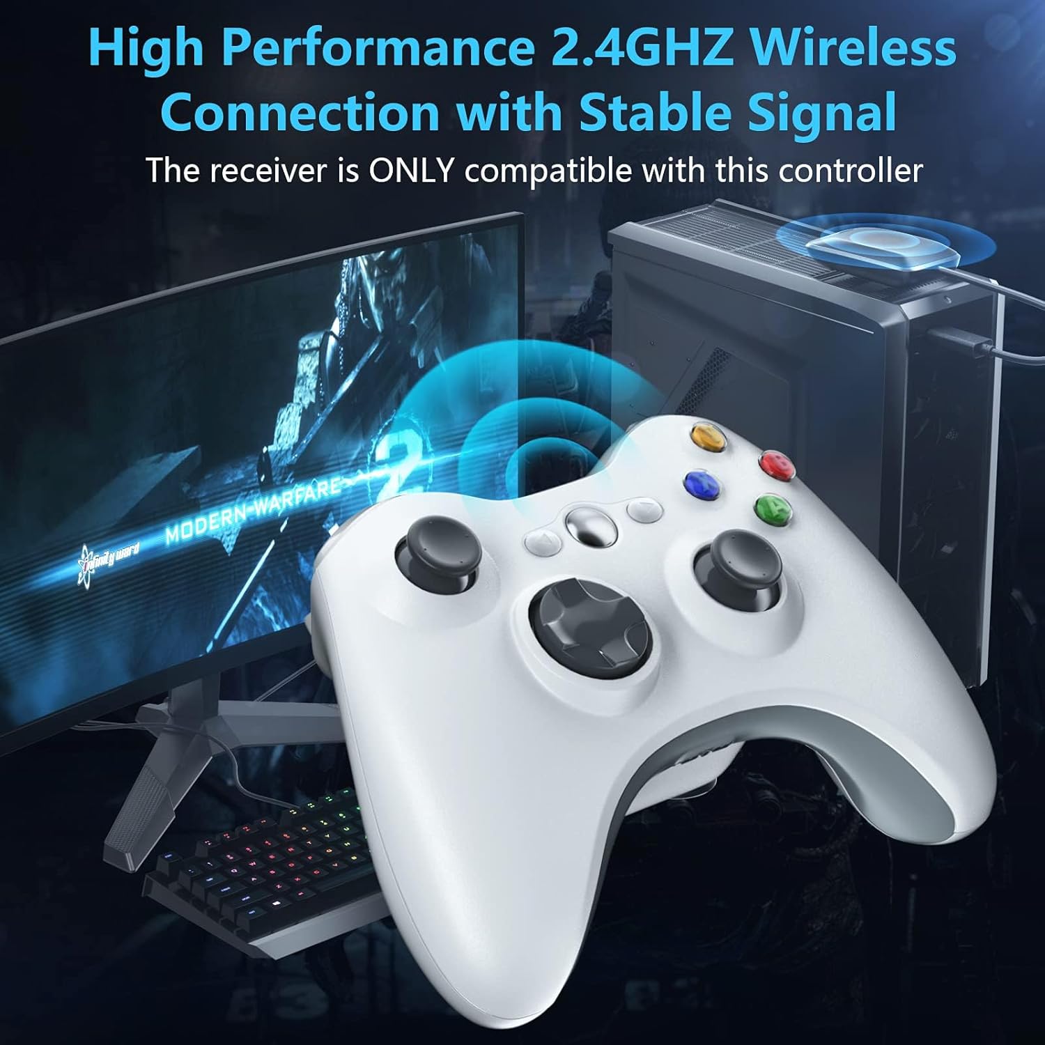 White 2.4GHZ Wireless Controller for Xbox 360 and PC Windows 7-10 with Receiver - Image 4