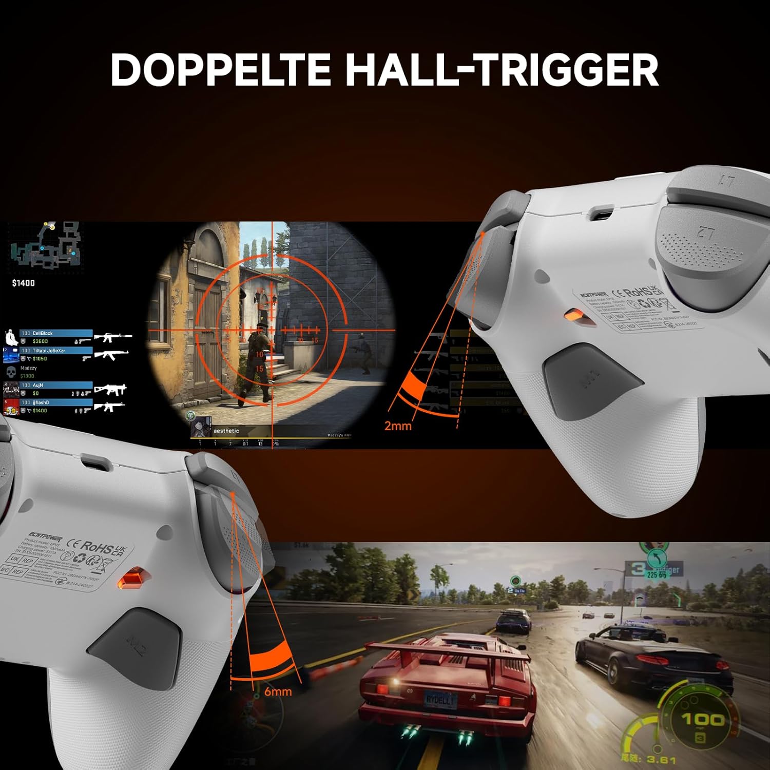 ECHTPower Intelligent Screen Wireless PC Gaming Controller for Switch iOS Android Hall Joysticks 1000mAh Battery - Image 4