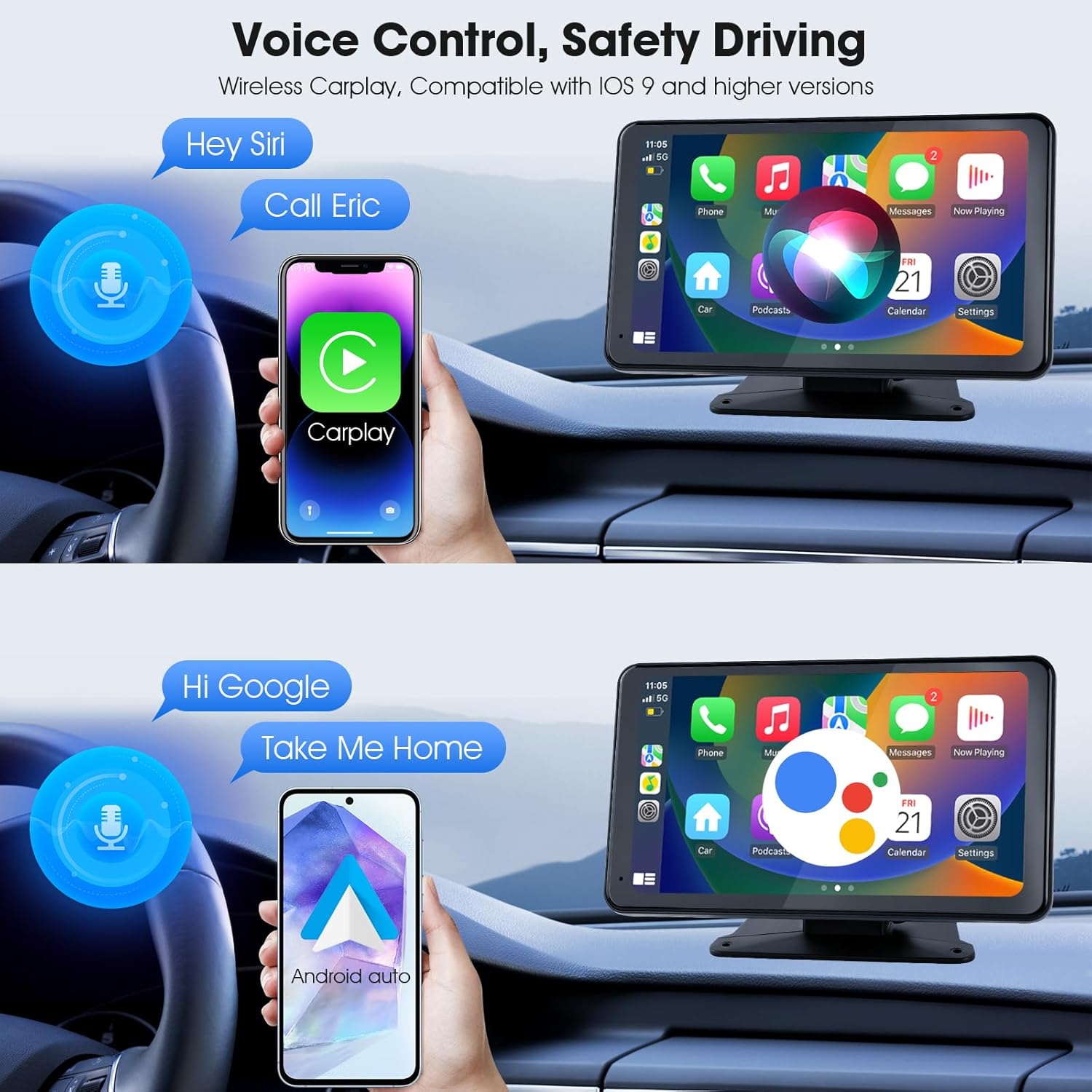 7 Inch Portable Wireless CarPlay Android Auto Car Stereo with HD Touch Screen Backup Camera Universal Fit - Image 4