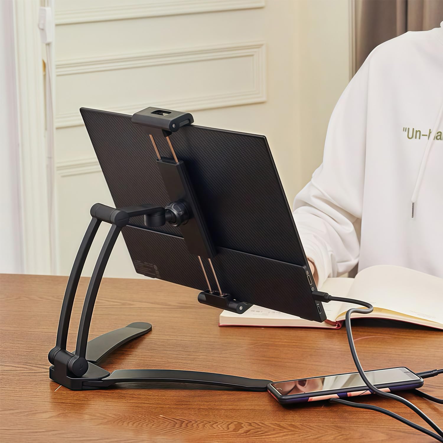 Aluminum Alloy Portable Monitor Stand with Tablet and Phone Clamp, 3M Cubical and Wall Mount for Kitchen Cabinets - Image 5