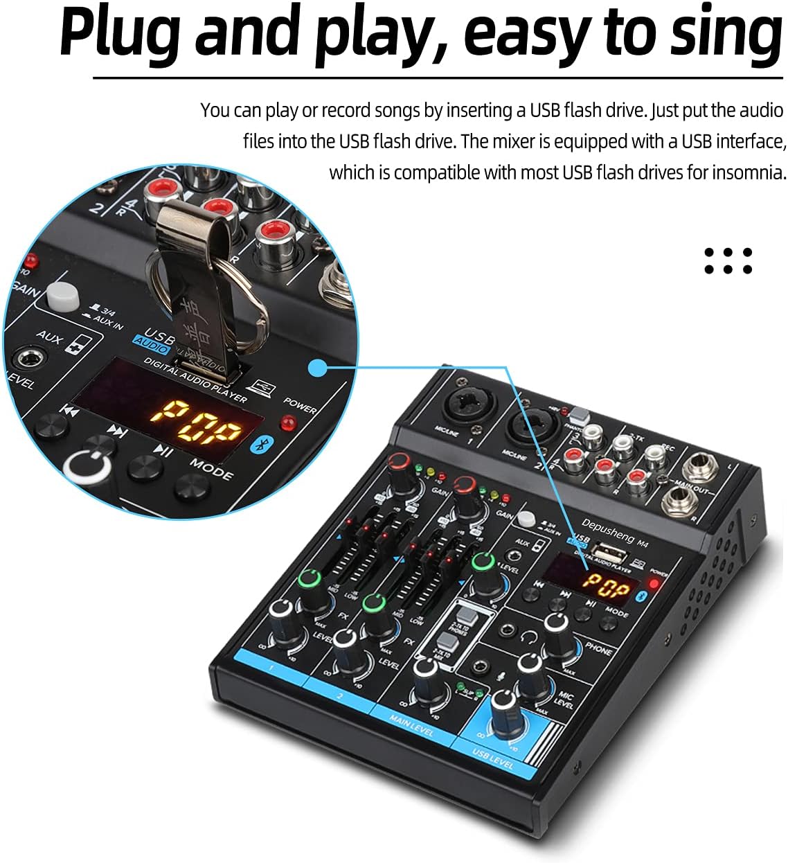 Depusheng M4 Black 4-Channel USB DJ Mixer with Bluetooth and Sound Card for PC Recording - Image 7