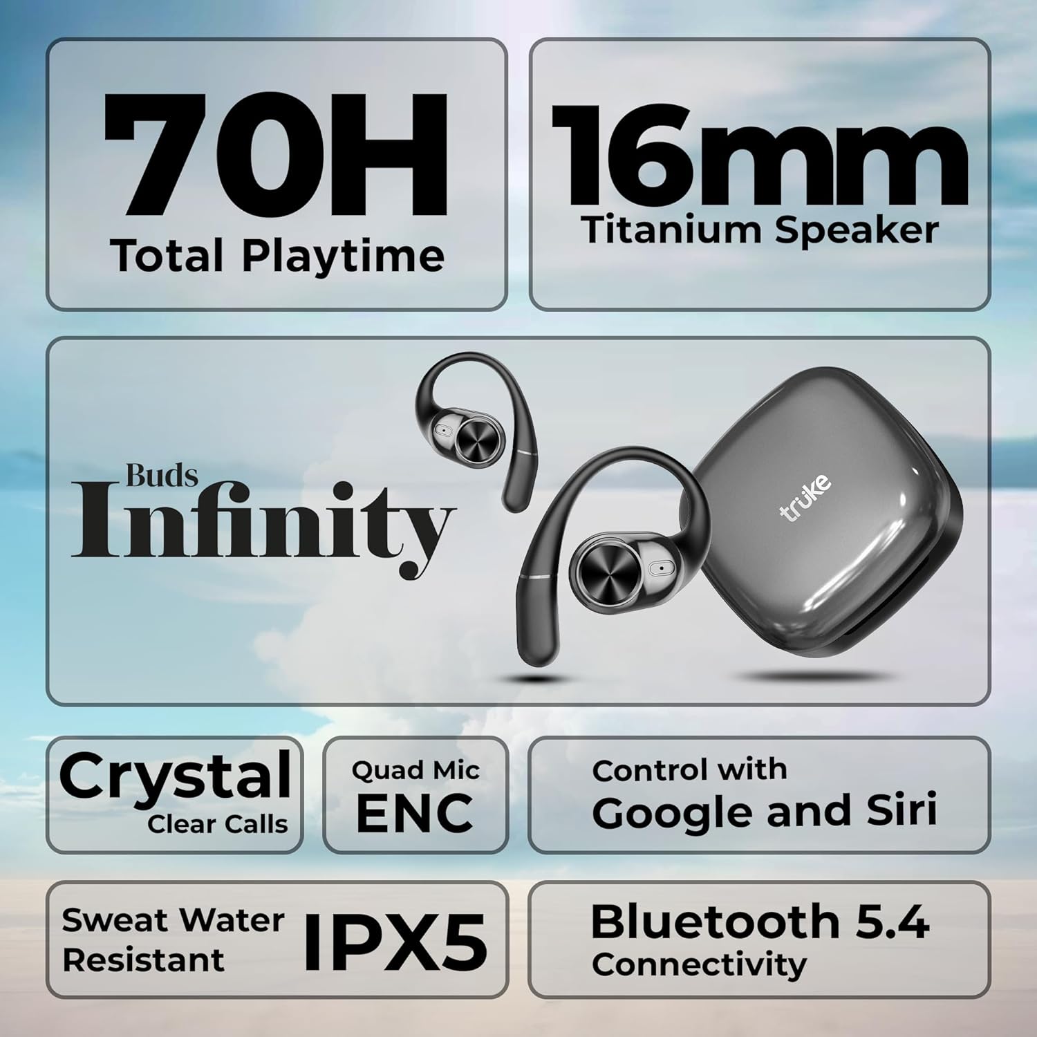 truke Buds Infinity Open Ear Wireless Earbuds 70 Hours Playtime Jet Black Quad Mic PureVoice ENC - Image 2