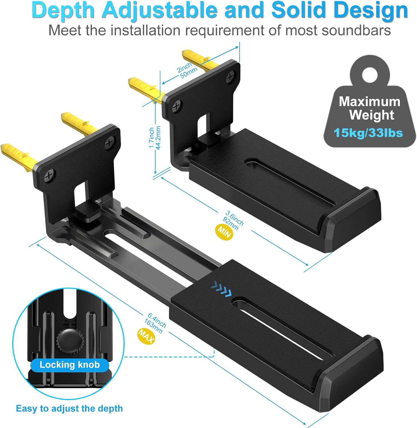 Adjustable Soundbar Wall Mount Bracket for Most Brands, Black, 33 lbs Capacity - Image 3