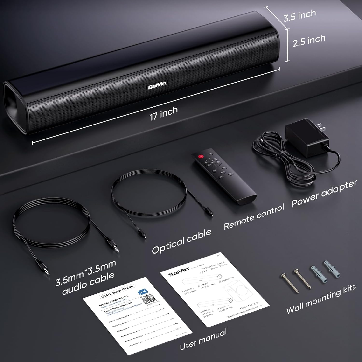 Saiyin 17-Inch Smart TV Sound Bar Bluetooth 5.3, Optical, Aux, Wall Mountable, Sub Out - Image 6