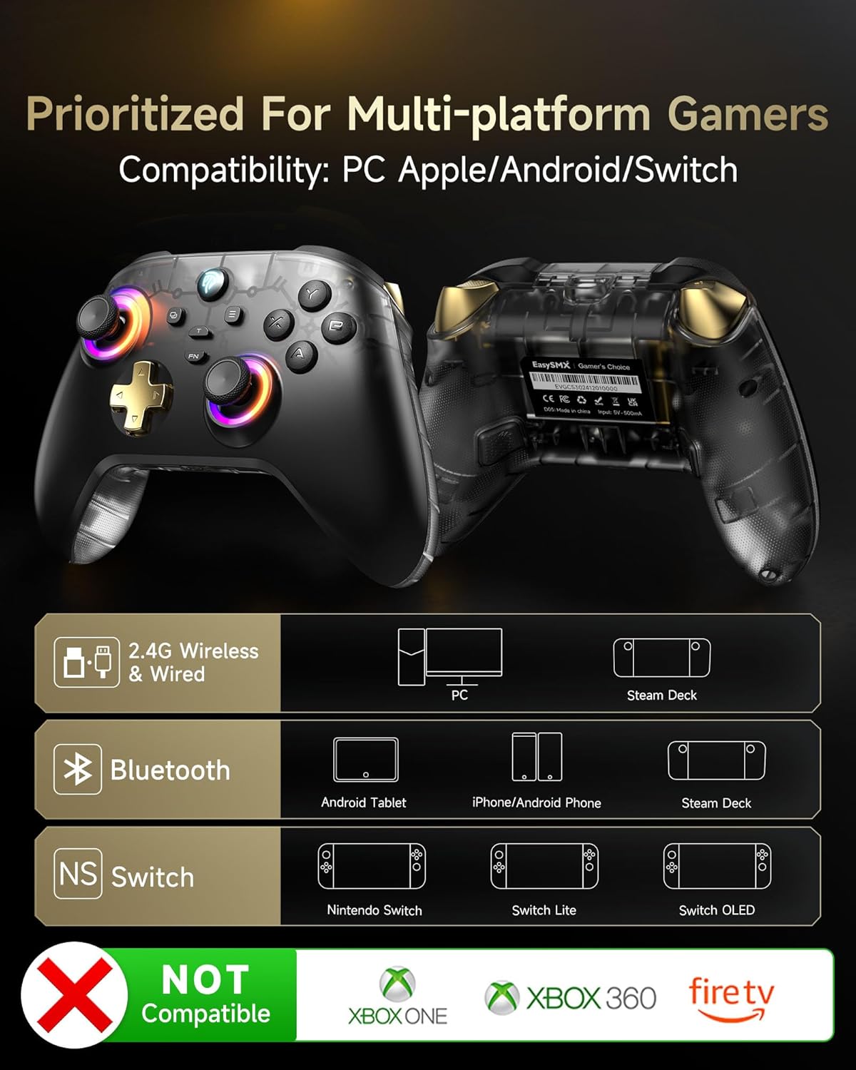 EasySMX D05 Enhanced Wireless Bluetooth Pro Controller for PC Android Steam Switch - Black, 1000mAh Battery - Image 9