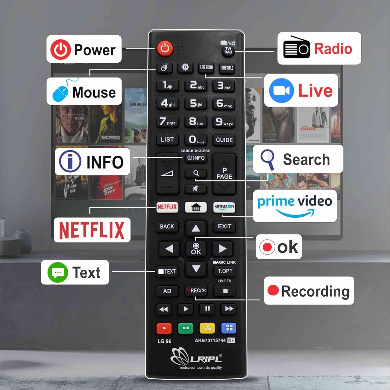 Black LG Smart TV Remote Control AKB73715744 Compatible for LED Plasma with Prime Netflix Keys - Image 3