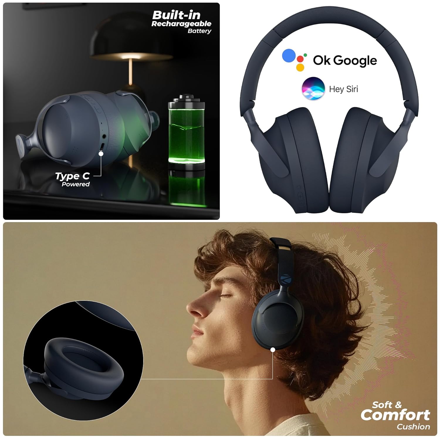 Zebronics Silencio 111 Blue Wireless Over Ear Headphones with 50dB Hybrid ANC and 55 Hrs Battery - Image 7