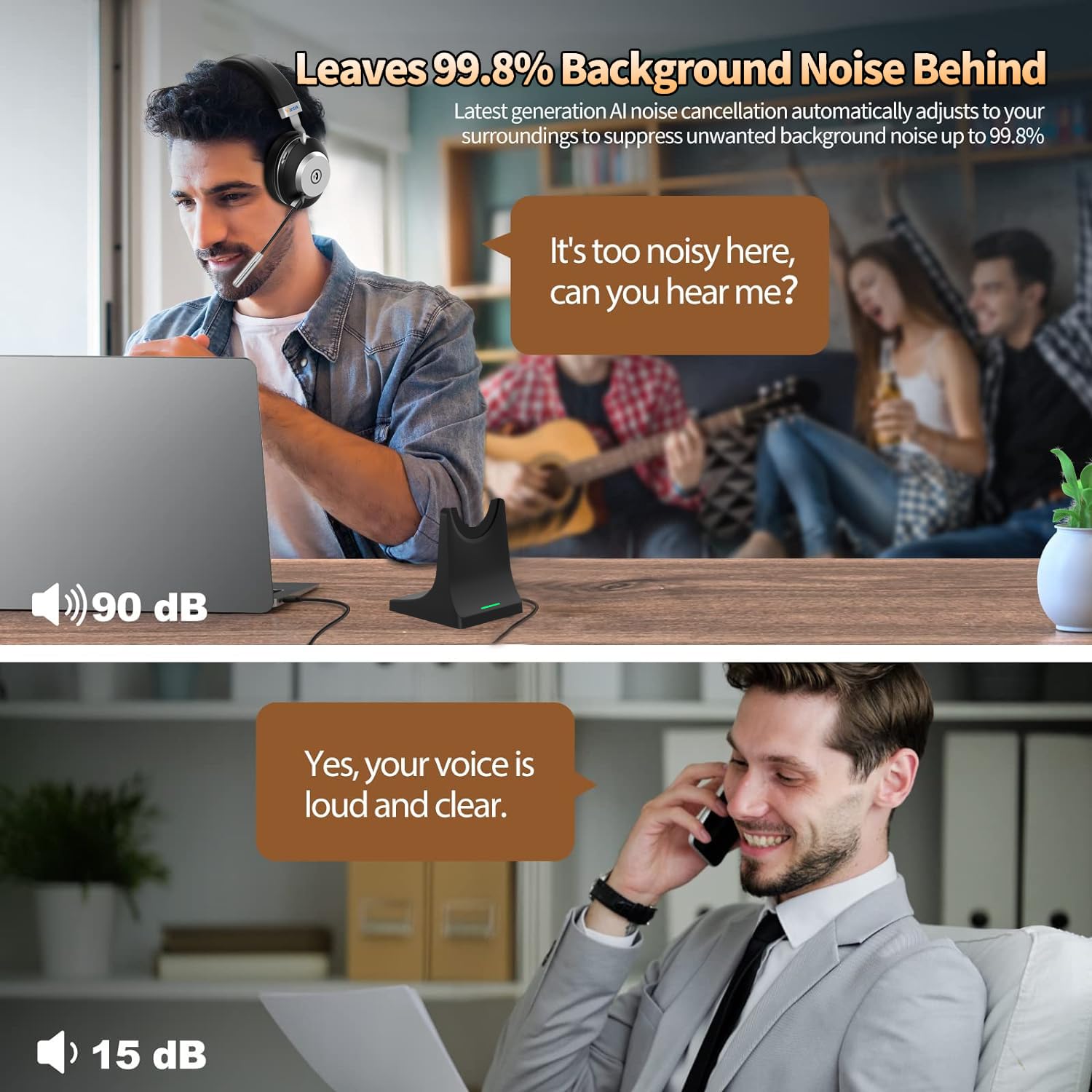 60-Hour Battery Bluetooth Wireless Headset with AI Noise Cancelling Microphone for Office & Remote Work - Image 4