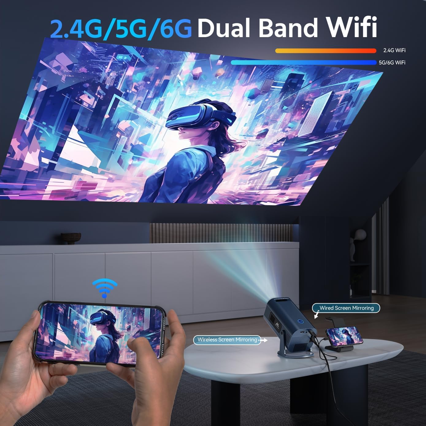 150" Portable Mini Projector Blue Native 1080P WiFi Bluetooth Android TV 11.0 300 ANSI - Image 4