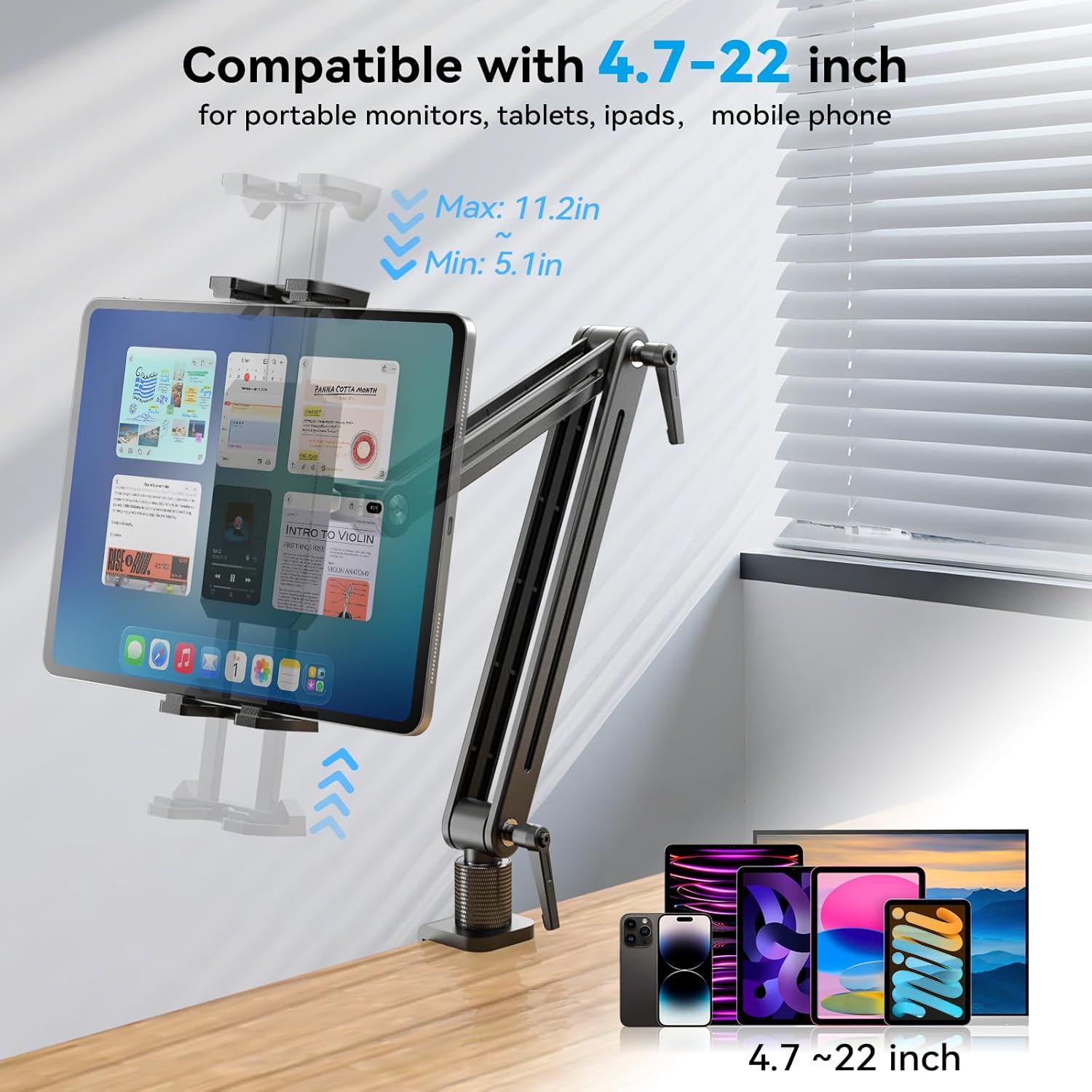 15.6 Inch Portable Monitor Stand 360° Rotating Arm for Tablets and E-readers - Image 2