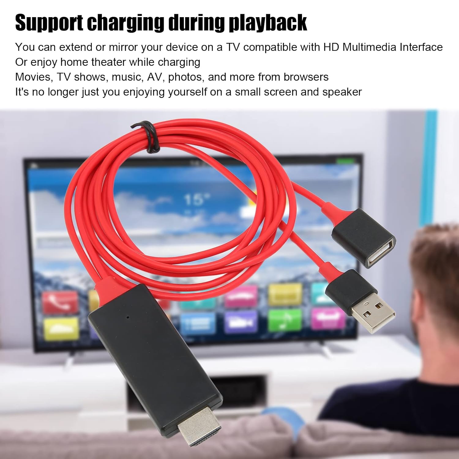 1080P Smartphone to HDMI Projector Mirroring Adapter Cable for Android and iOS iPhones Red - Image 6