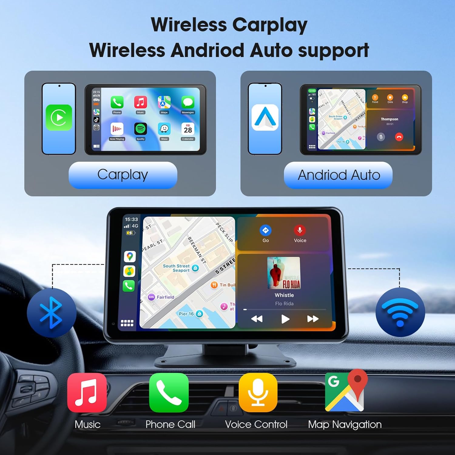 7 Inch Portable Wireless CarPlay Android Auto Car Stereo with HD Touch Screen Backup Camera Universal Fit - Image 2