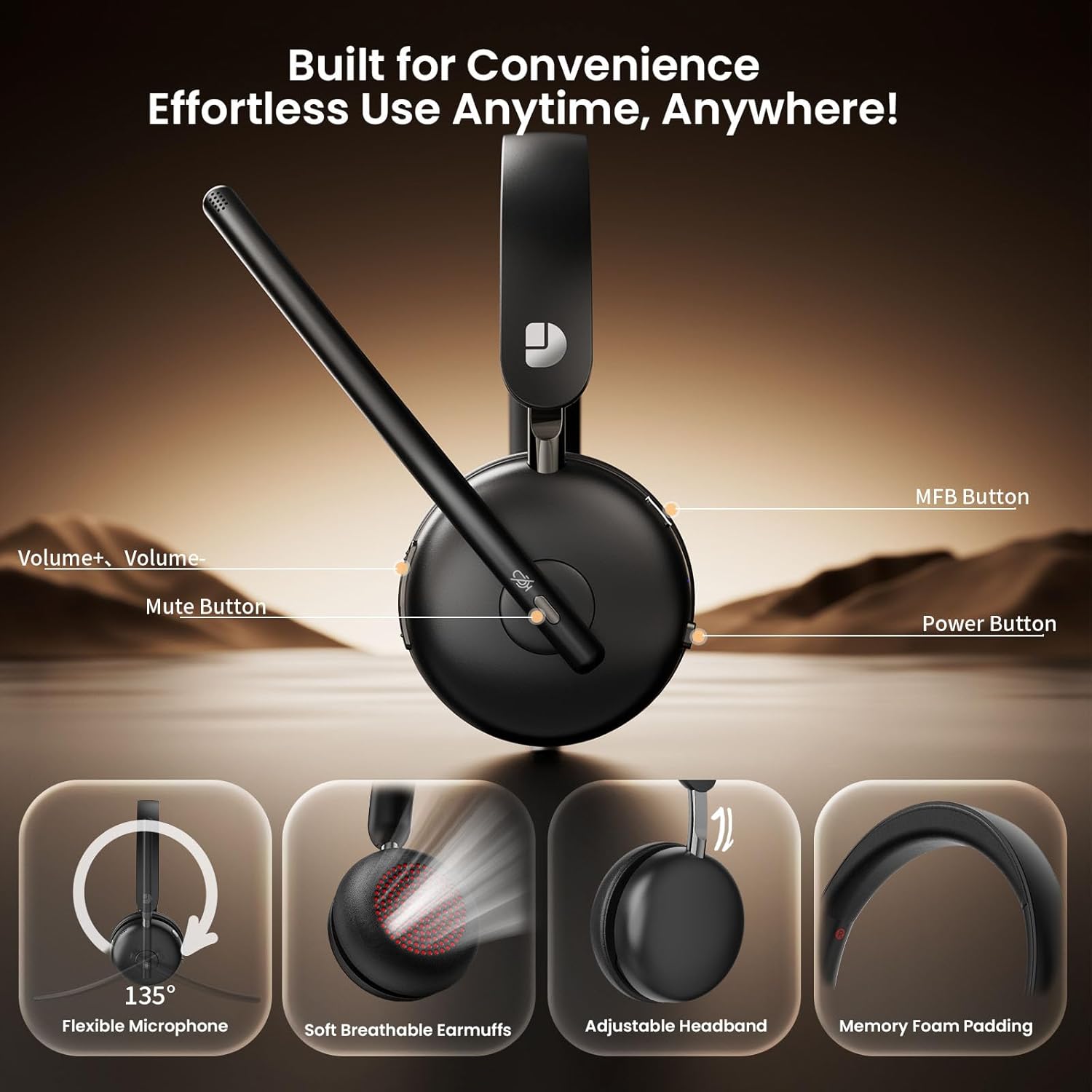 Dytole AI Noise Cancelling Bluetooth 5.3 Wireless Headset with Mic, 65H Battery, USB Dongle for PC, Call Center, Computer, Laptop, Teams - Image 6