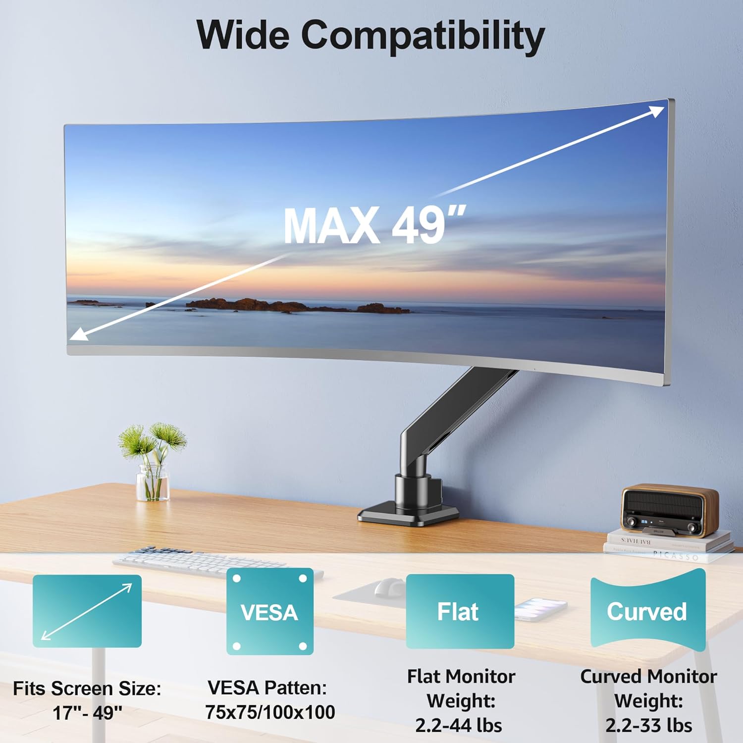 Heavy Duty Single Monitor Desk Mount for 49 Inch Ultrawide Screens up to 44 lbs - Image 2
