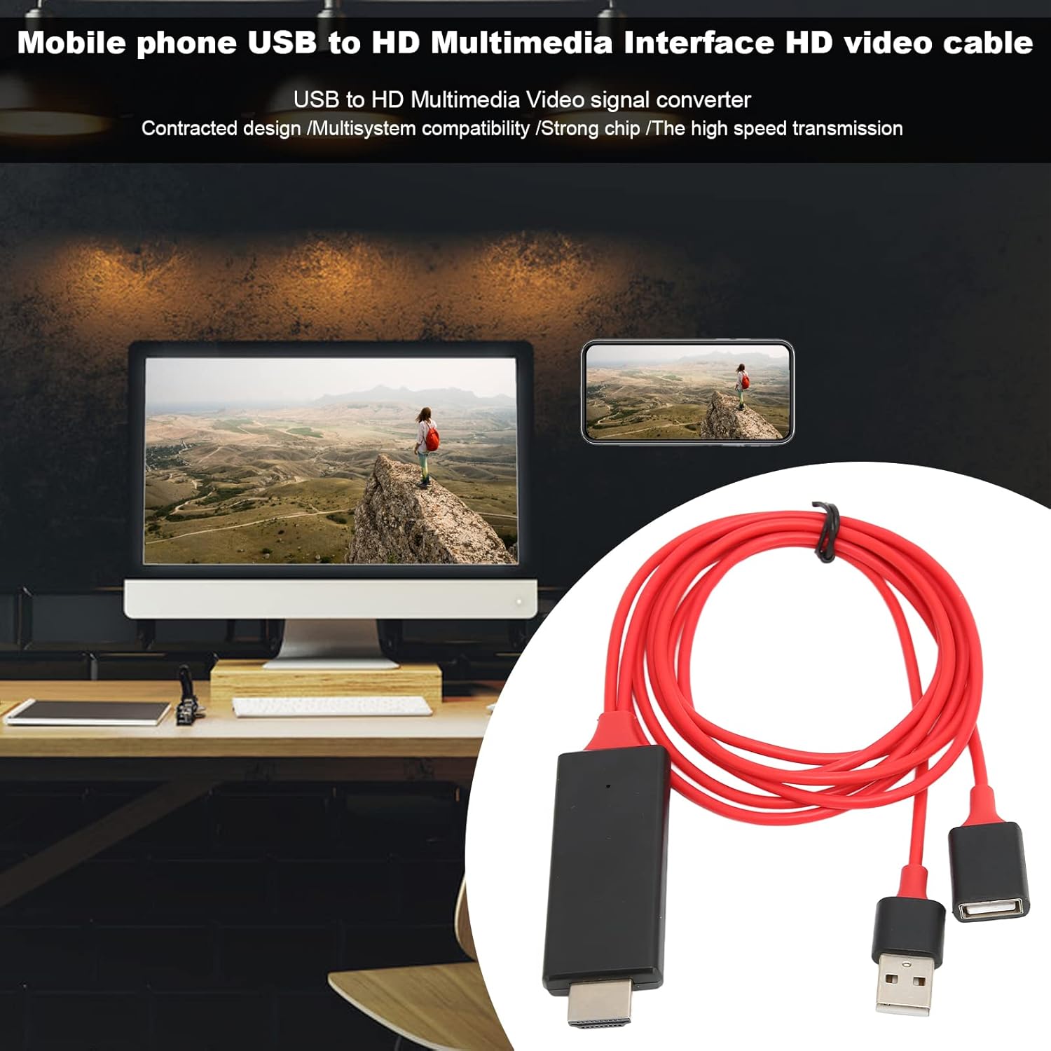 1080P Smartphone to HDMI Projector Mirroring Adapter Cable for Android and iOS iPhones Red - Image 5