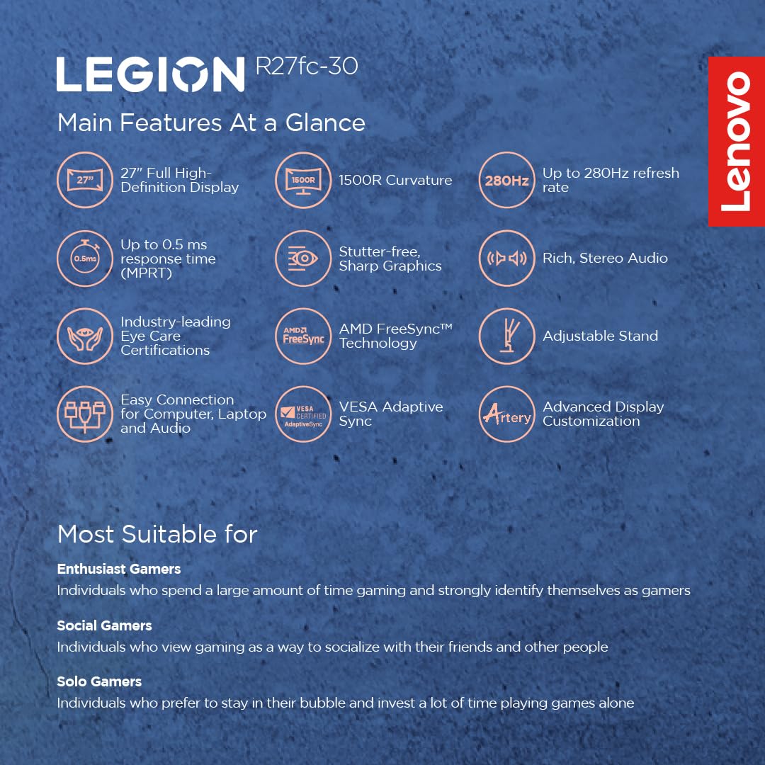 Lenovo Legion R27fc-30 27 Inch FHD 240Hz Gaming Monitor 0.5ms AMD FreeSync NVIDIA G-Sync Black - Image 5