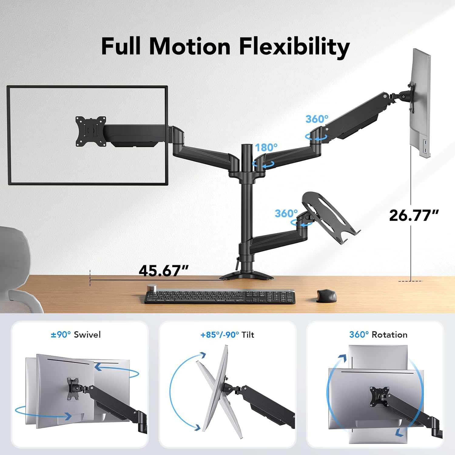 HUANUO Dual Monitor Laptop Mount for 32" Monitor 17" Laptop VESA 75/100mm - Image 3