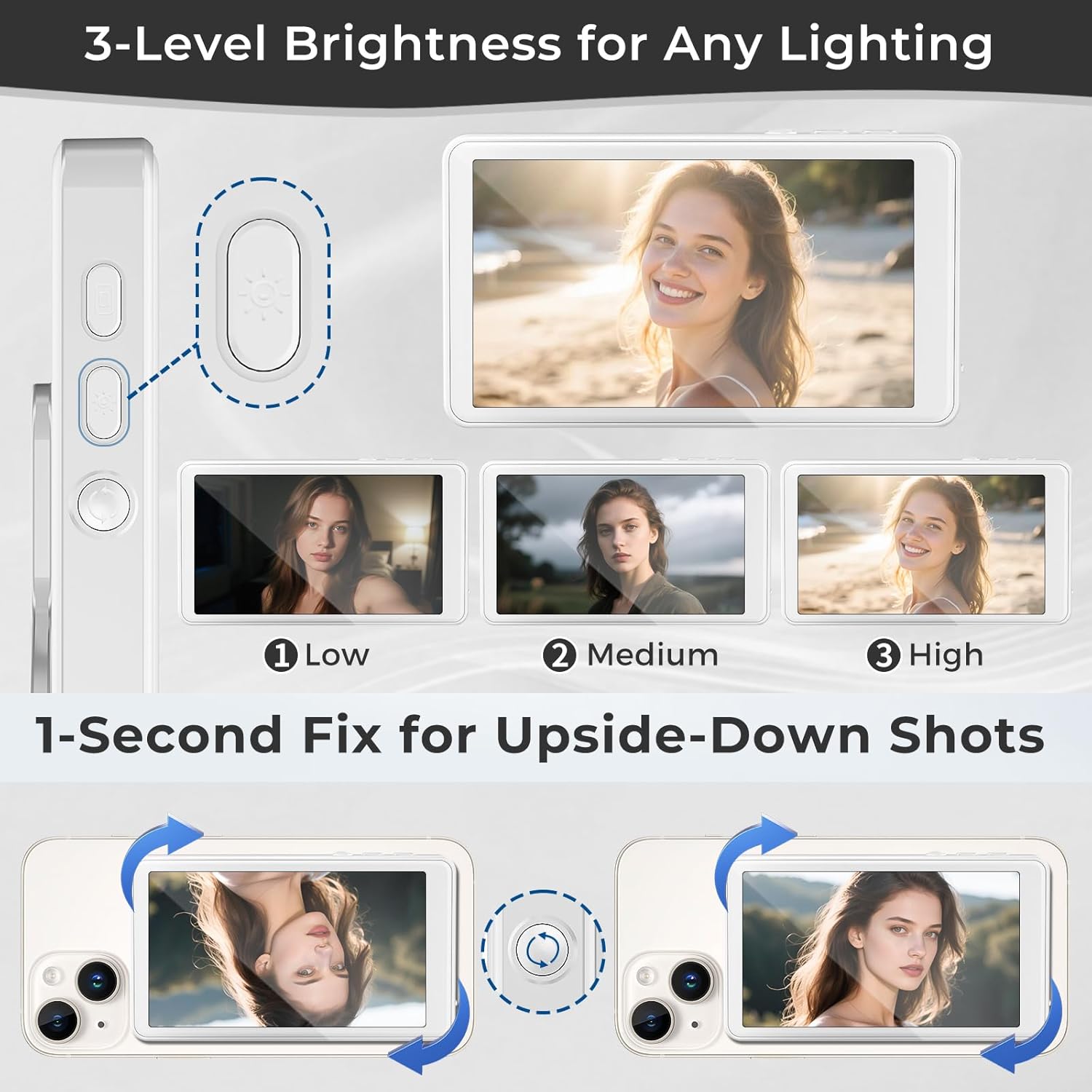 Magnetic Wireless Selfie Monitor Screen for iPhone Android, 1800mAh, Bluetooth Remote, 3-Level Brightness, White - Image 4