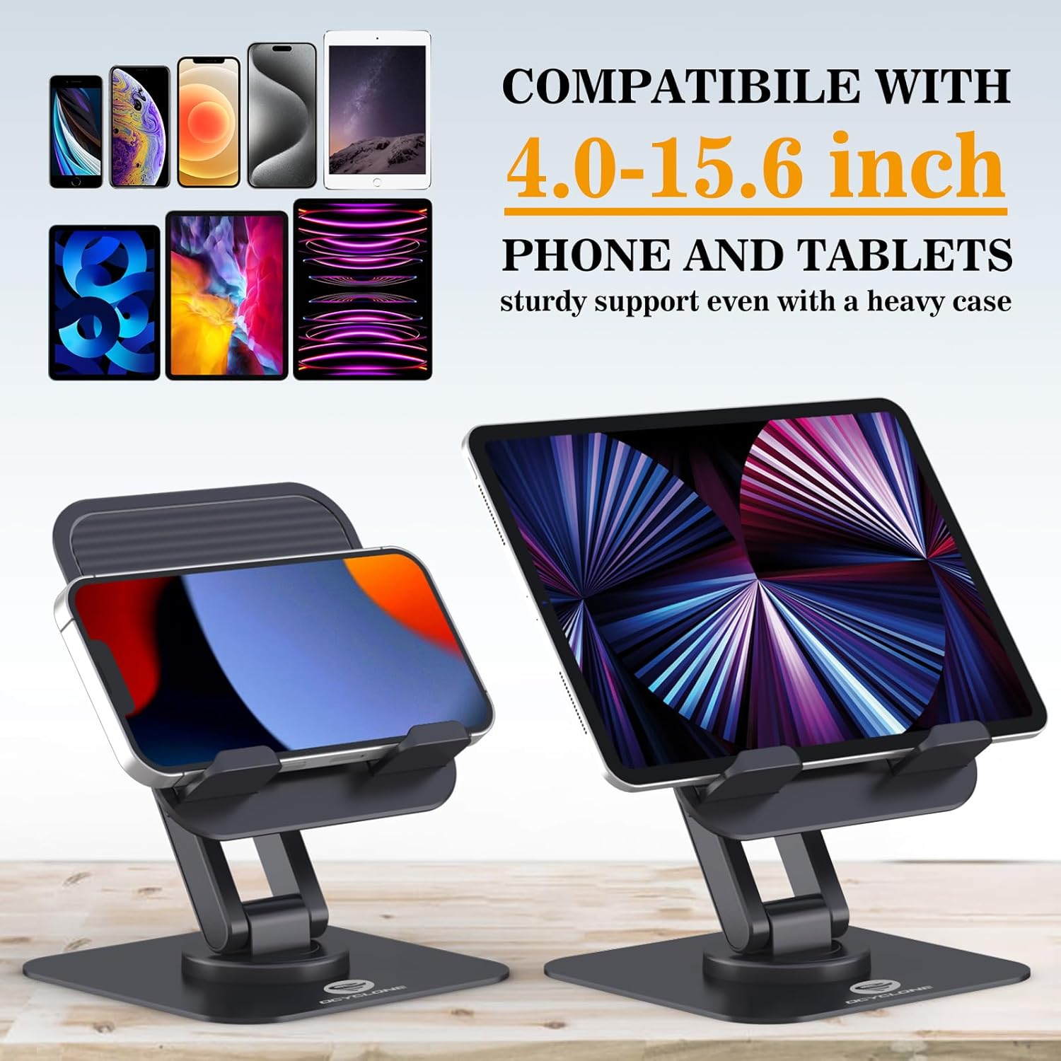 OCYCLONE Adjustable 360 Rotating Tablet Stand for Desk, Black, fits 4" to 15.6" devices - Image 8