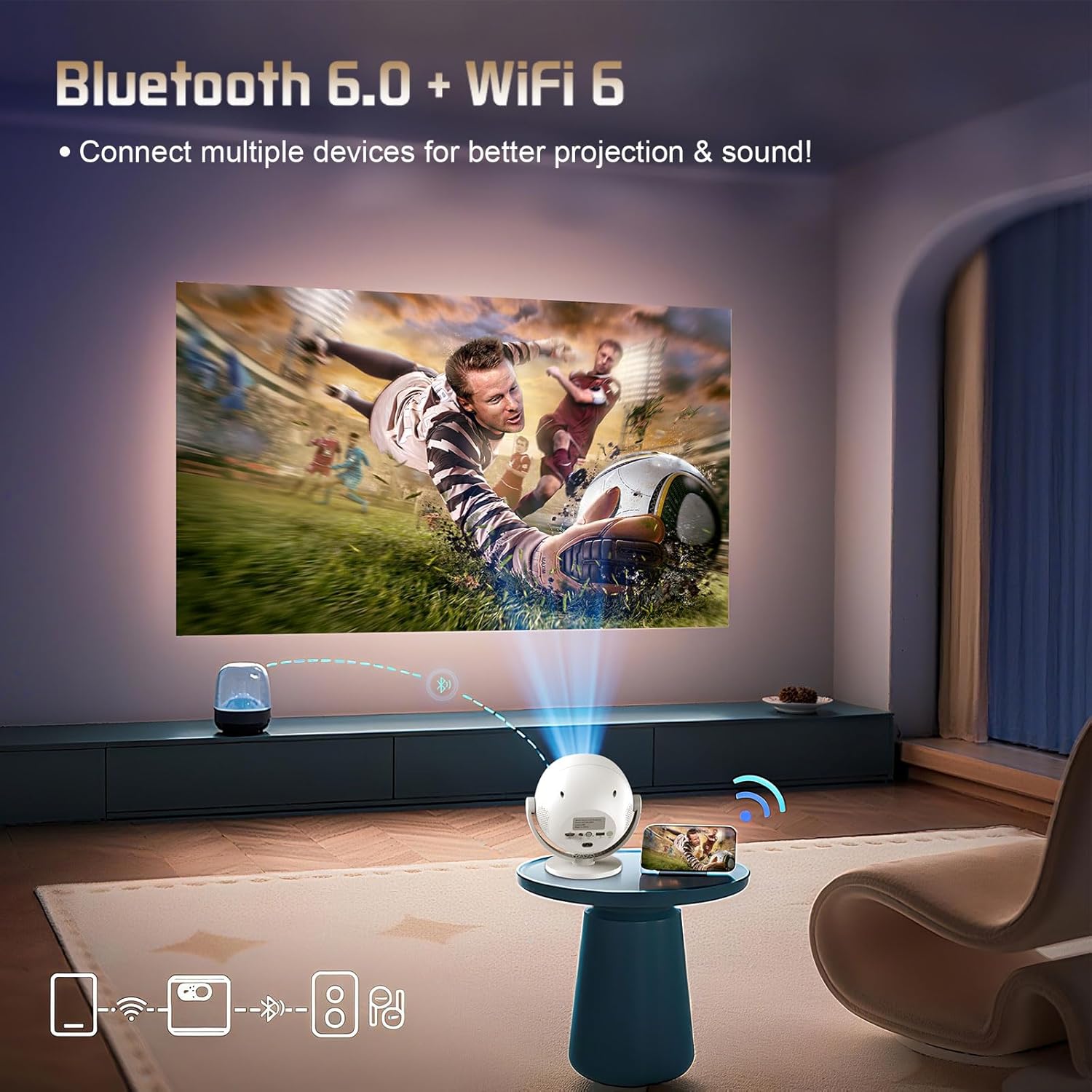360° Rotatable Mini Smart Portable Projector Wifi Bluetooth 1080P White Electric Focus - Image 2
