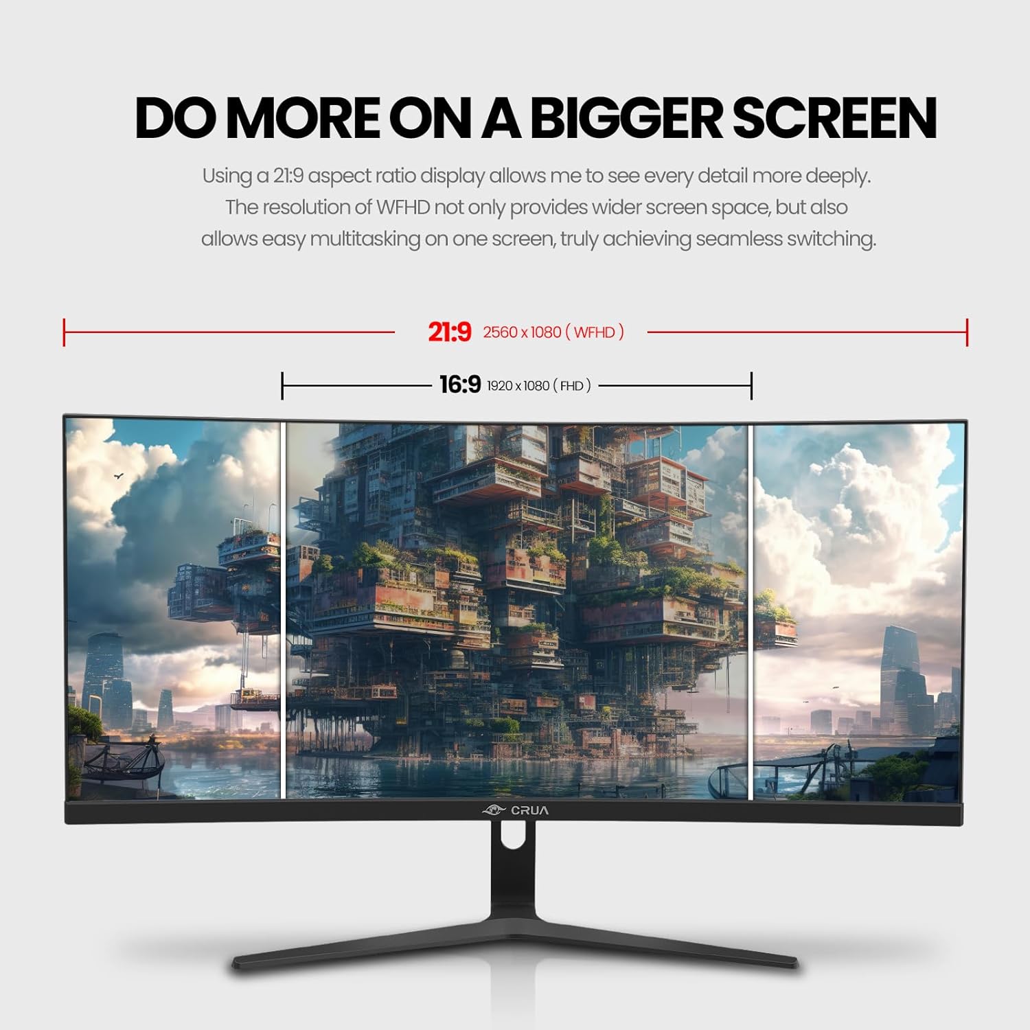 CRUA 30 Inch Ultrawide Curved 21:9 WFHD 100Hz VA Computer Monitor Black - Image 3