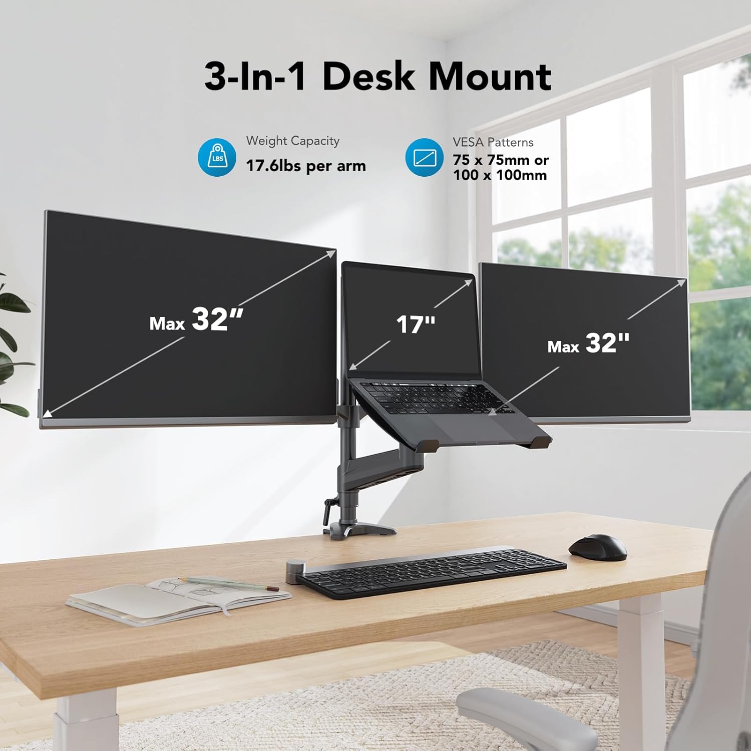HUANUO Dual Monitor Laptop Mount for 32" Monitor 17" Laptop VESA 75/100mm - Image 2