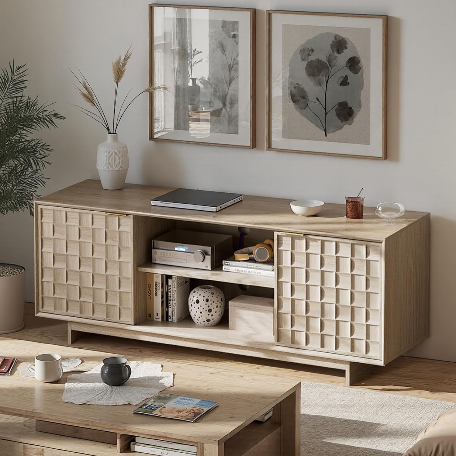 COLAMY 59 Inch Oak Mid-Century Modern TV Stand with Two Doors and Adjustable Shelves for 50-65 Inch TVs - Image 10