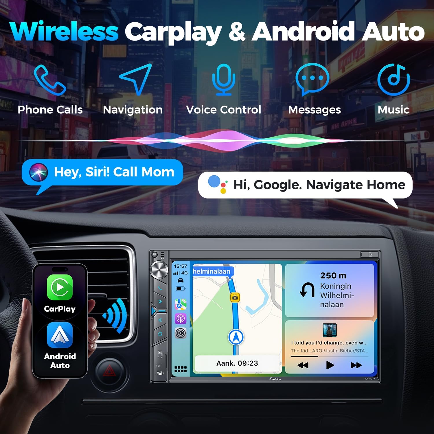 SJoyBring 7 Inch HD Wireless Double Din Car Stereo Apple Carplay Android Auto Dash Cam 60W*4 - Image 2