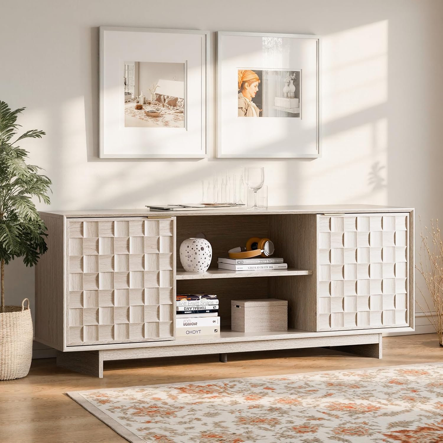 COLAMY 59 Inch Oak Mid-Century Modern TV Stand with Two Doors and Adjustable Shelves for 50-65 Inch TVs - Image 8