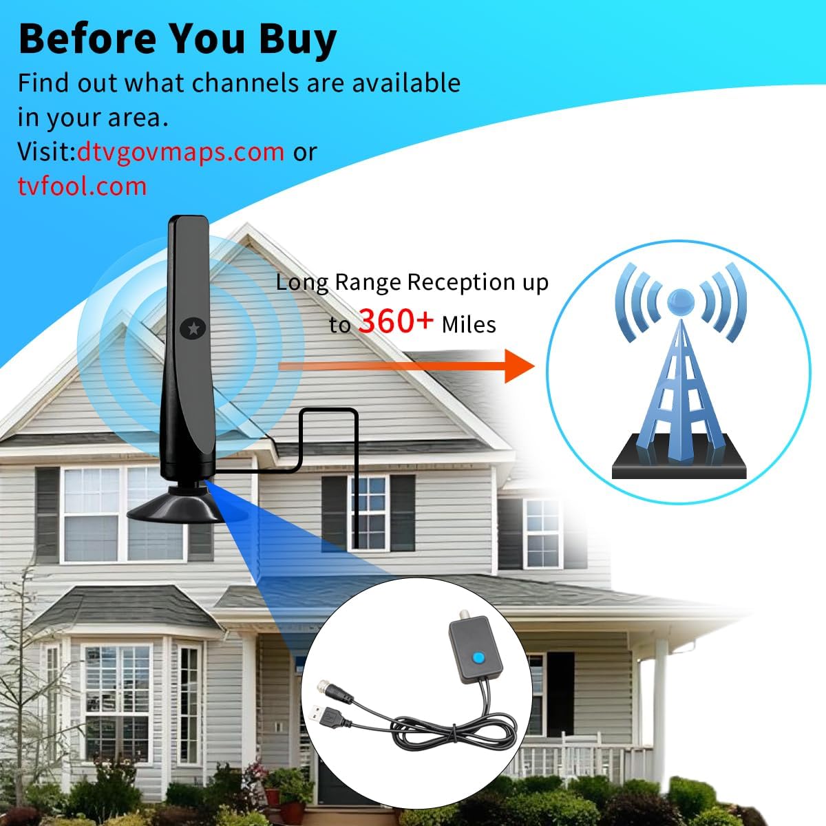 Amplified HD Digital TV Antenna with Signal Booster, 4K 1080p Reception, Black, Includes Coax Cable - Image 6