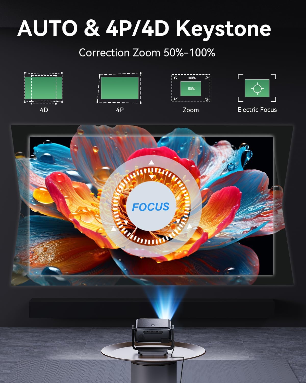 4K Supported Native 1080P Mini Projector WiFi Bluetooth 180° Rotatable Auto Keystone 200" Screen Portable Outdoor Home Theater Smart Projector - Image 4