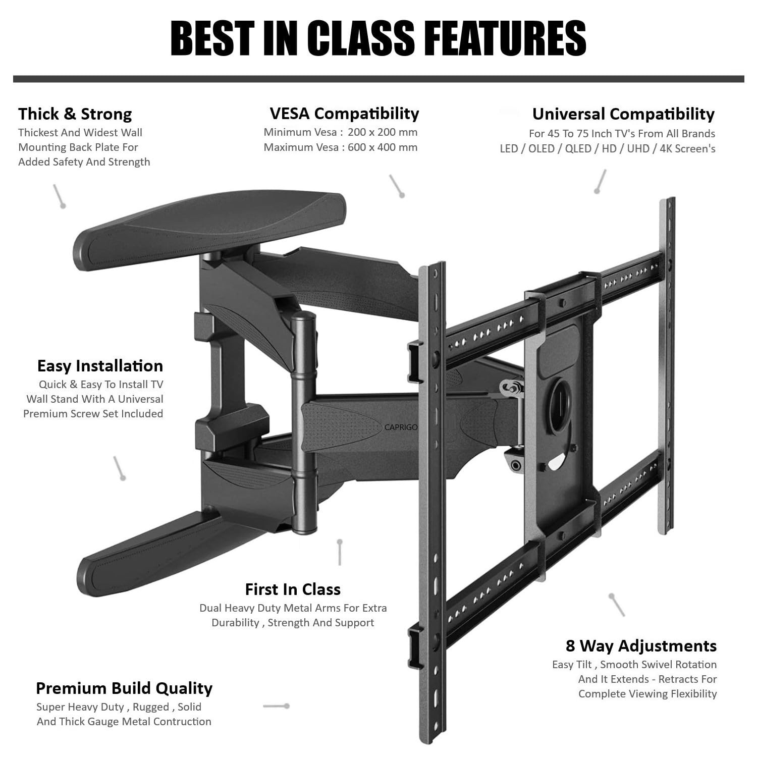 Caprigo 55-85 Inch Full Motion Dual Arm Heavy Duty TV Wall Mount Swivel Tilt - Image 5