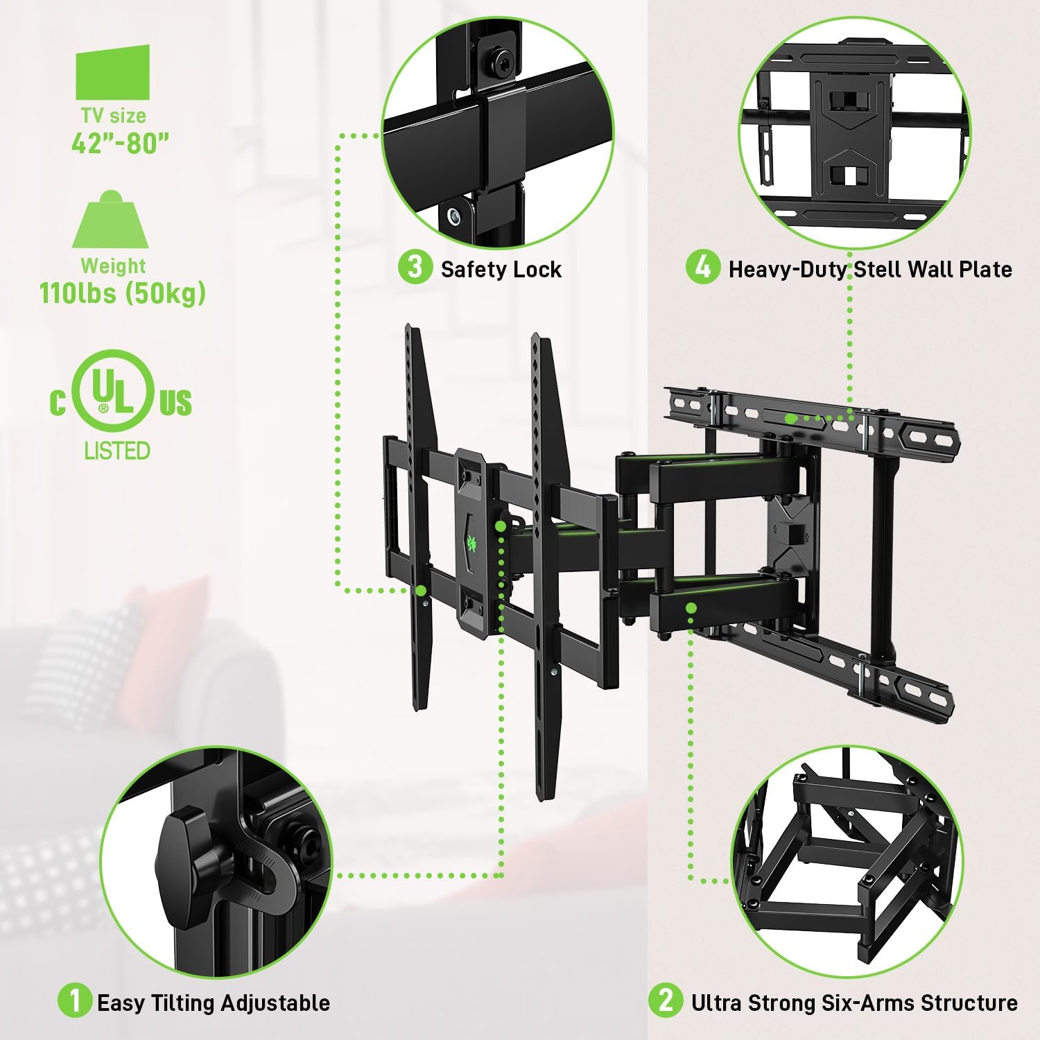 USX MOUNT UL Listed Full Motion Swivel Tilt Extension TV Wall Mount for 42-85 inch TVs, 110lbs Capacity - Image 3