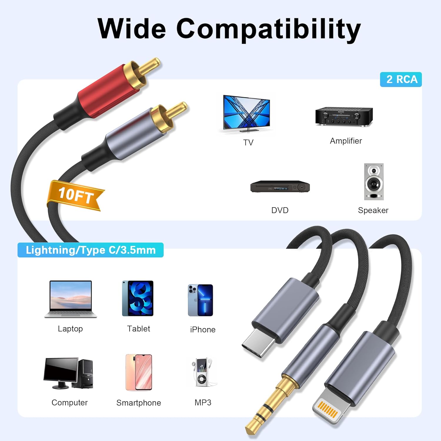 10FT USB C 3.5mm to RCA Male Audio Cable Adapter for iPhone iPad Tablet Speaker HDTV - Image 2