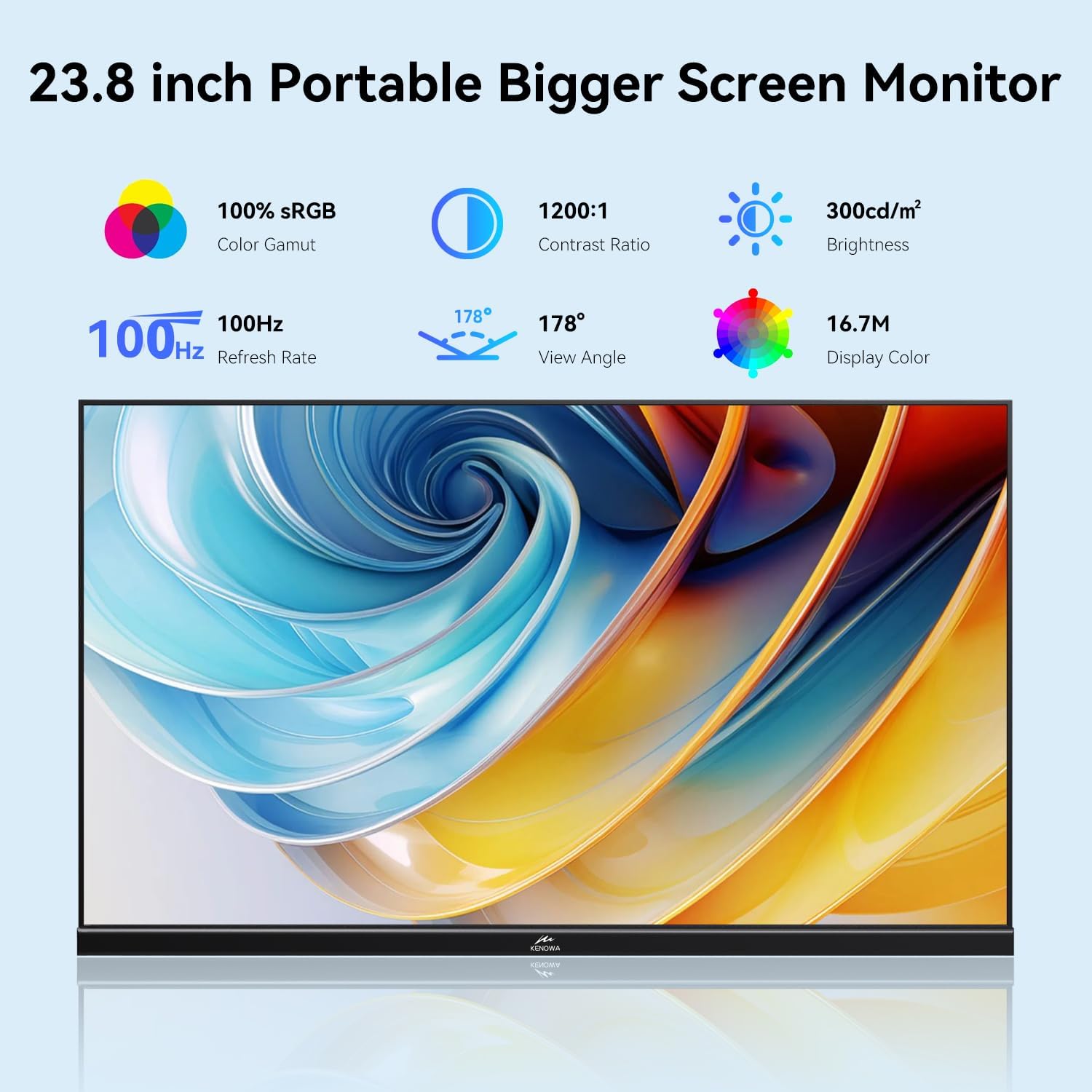 Kenowa 23.8 Inch FHD 1080P Portable IPS Monitor 100Hz Freesync Gaming with Type-C HDMI Dual Speakers Adjustable Stand - Image 2