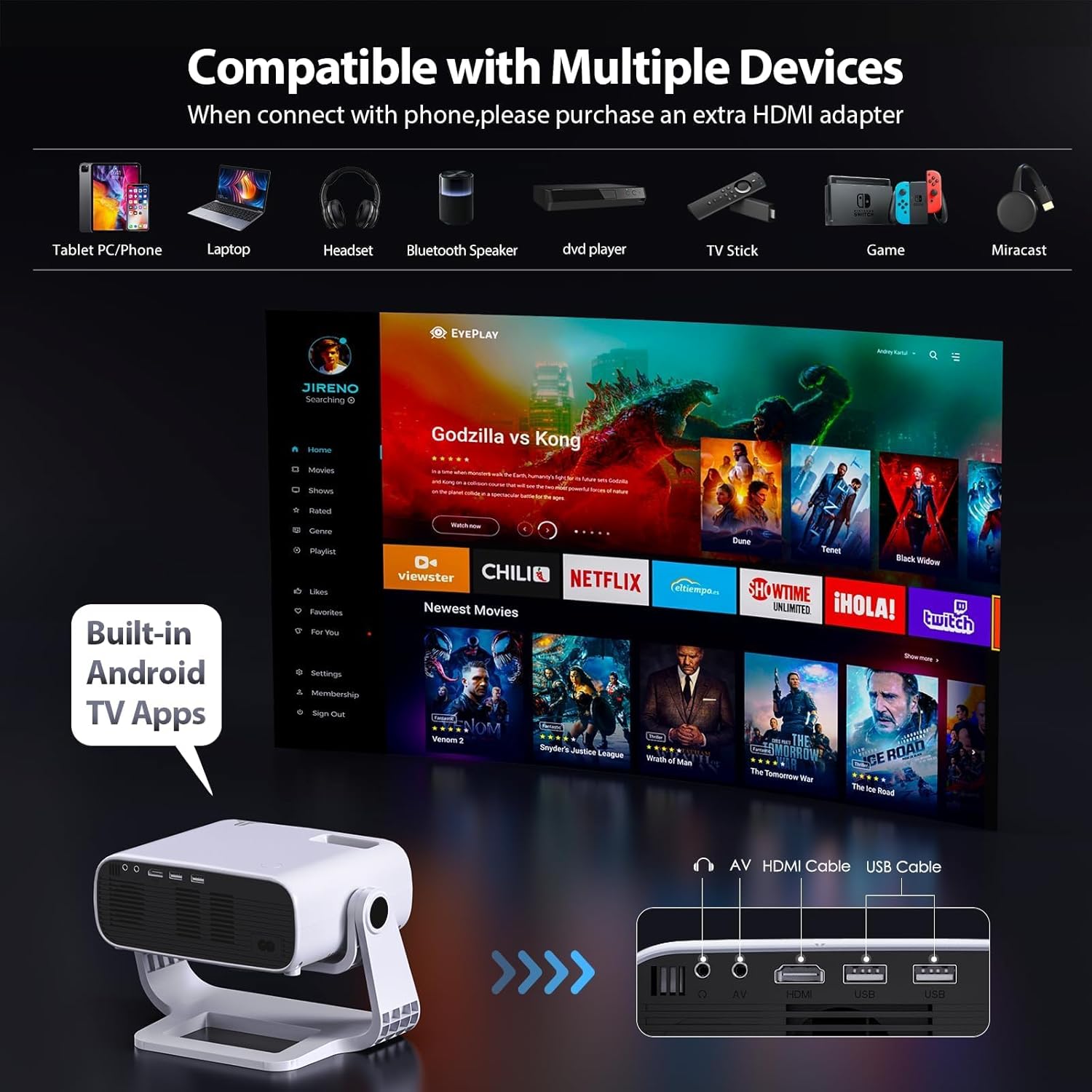2025 Smart WiFi 6 Bluetooth Mini Portable Projector Native 1080P 4K Support Grey - Image 4