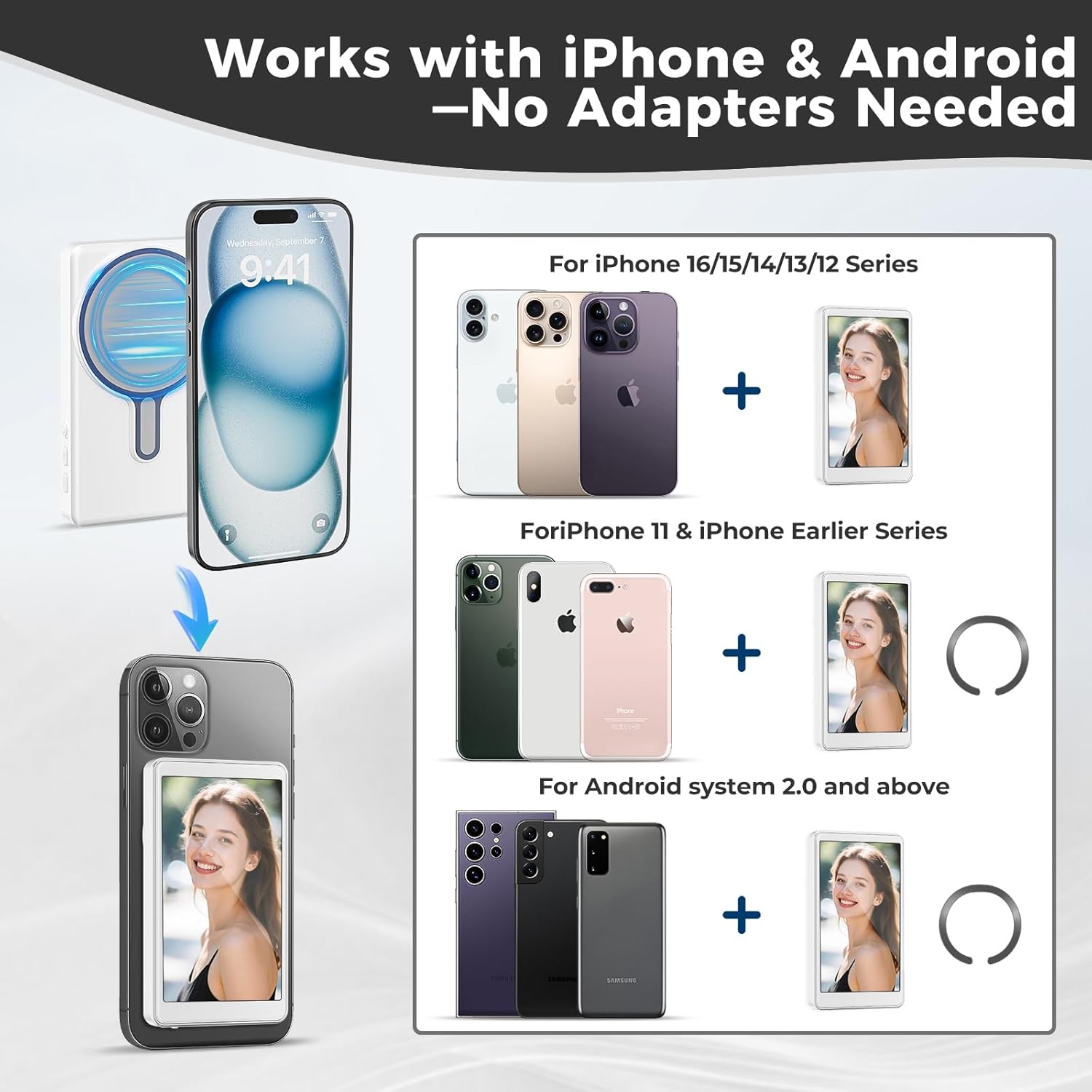 Magnetic Wireless Selfie Monitor Screen for iPhone Android, 1800mAh, Bluetooth Remote, 3-Level Brightness, White - Image 9