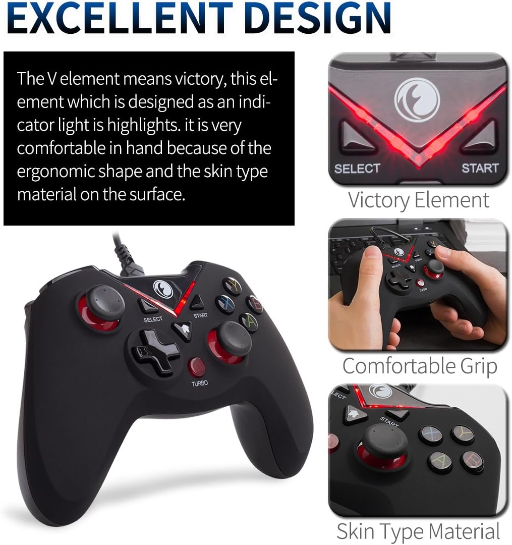 V-one Red Wired USB Gaming Controller Gamepad Joystick for PC, Steam, Android, PS3 - Image 3